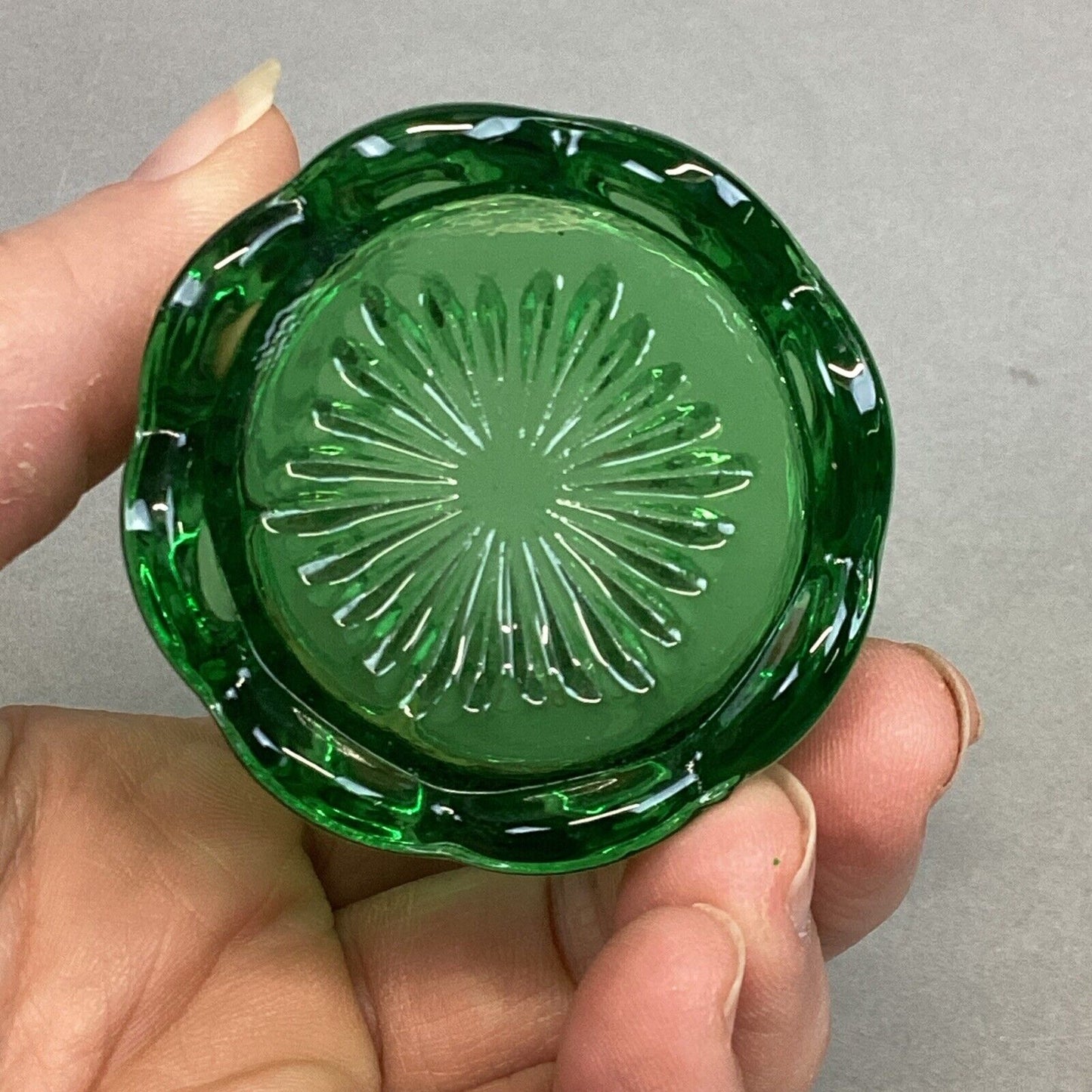 Vintage Pressed Green Glass Toothpick Holder Swirling Waves - 2.5x1.75”