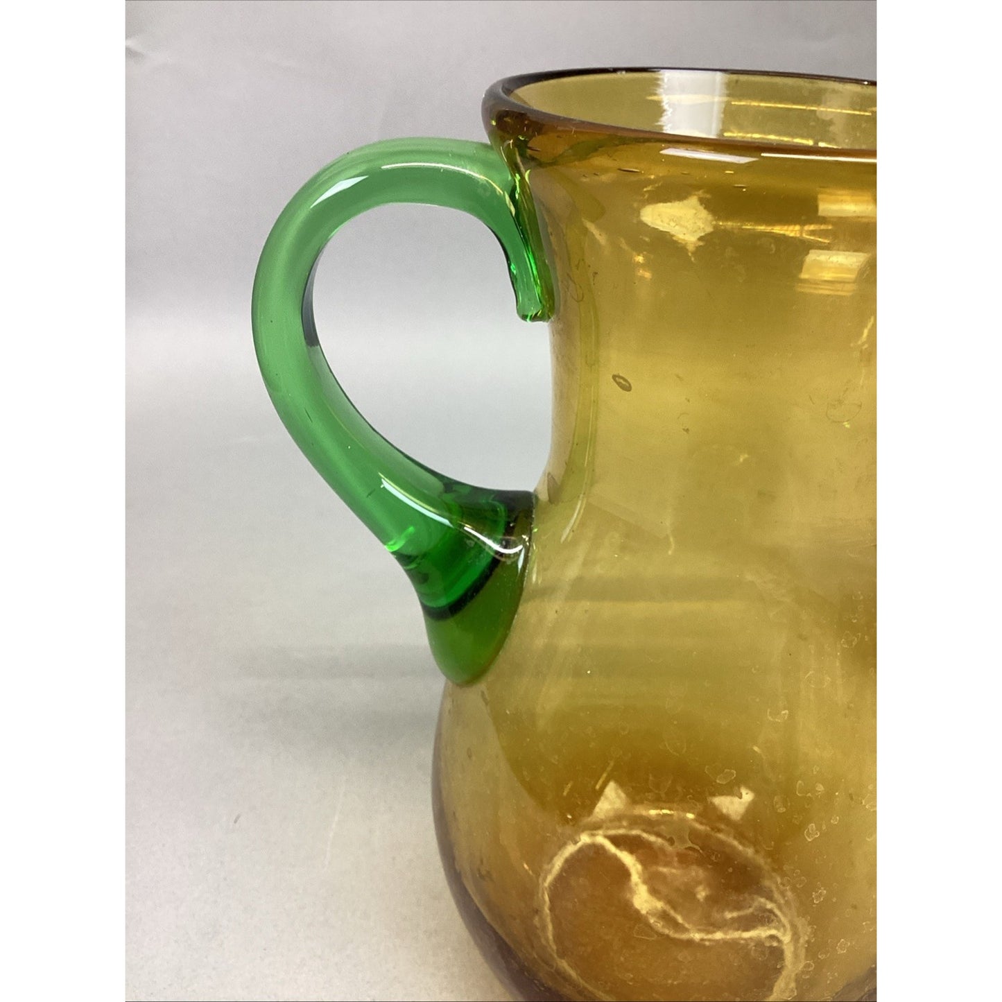 Set Of 3 Art Bubble Glass Hand Blown Pitcher W/ Amber Green Attached Handle