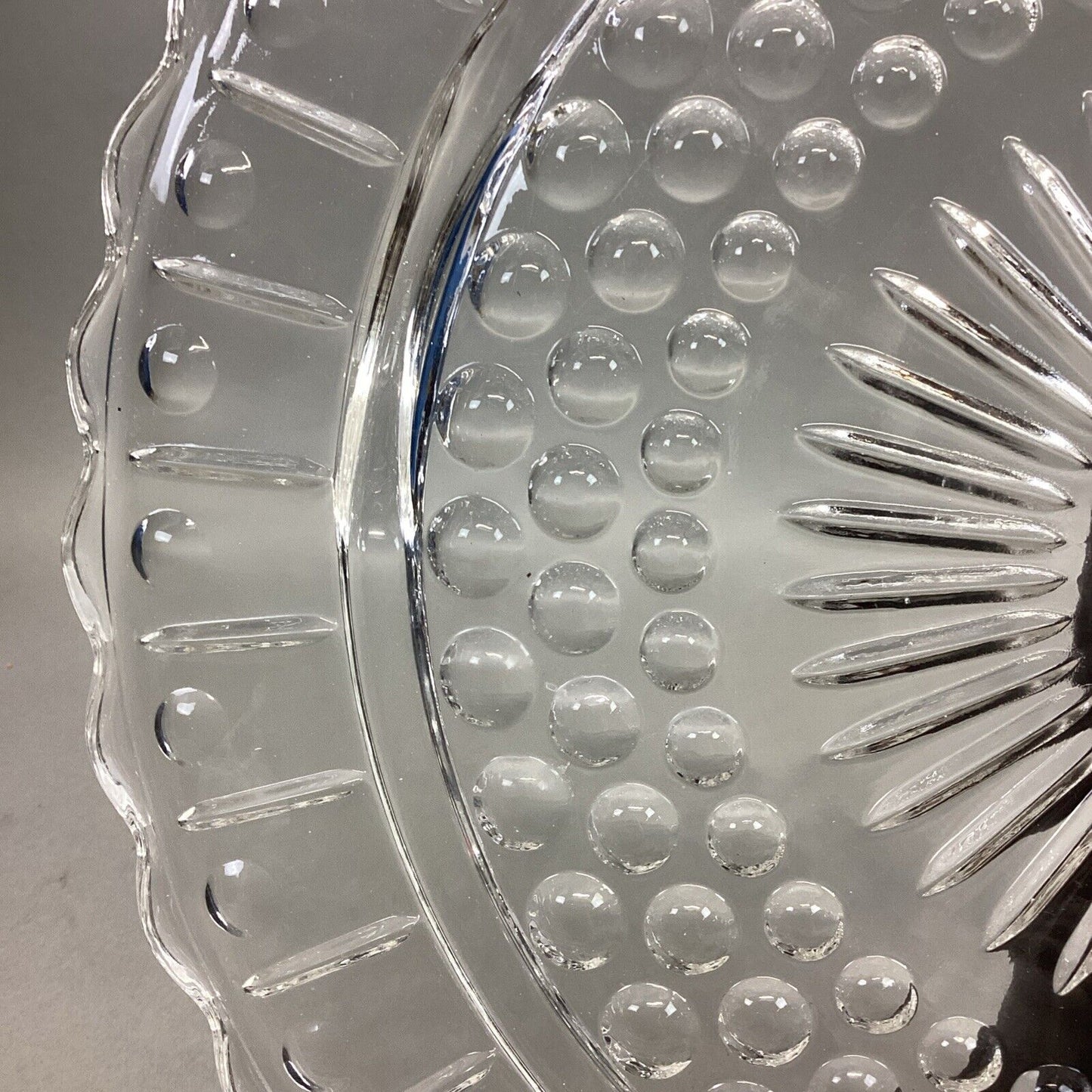 Vintage Federal Glass Cake Plate Footed Scalloped Edge Sunburst Bubble 11.25”D