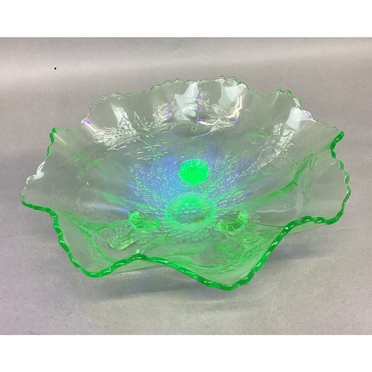Vintage Fenton Stag and Holly Green Uranium Glass 3 Footed Bowl - 10x3.75”