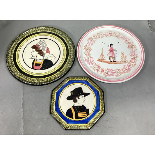 Set Of 3 Henriot Quimper Ceramic Decorative Wall Plates W/ 1 Coaster - France