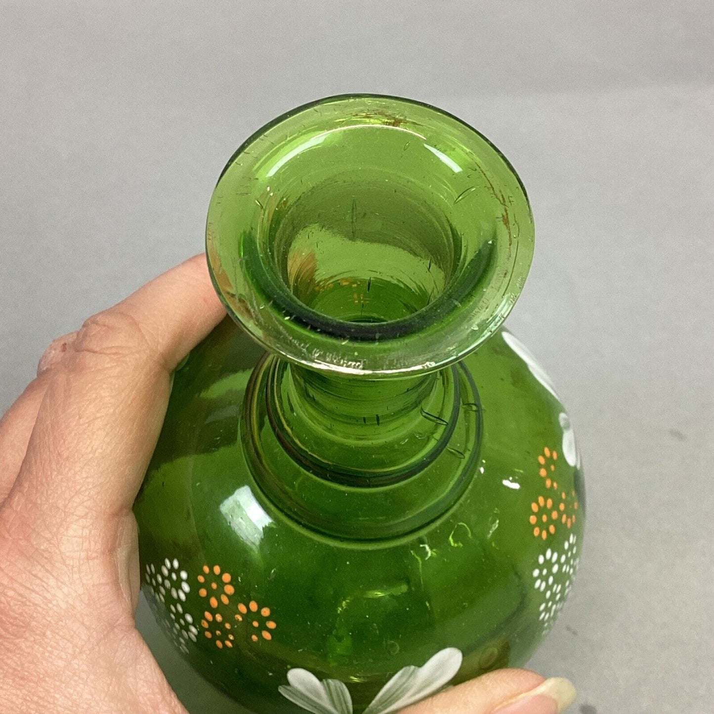 Green Glass Vase With Hand Painted Flowers - 6.75”