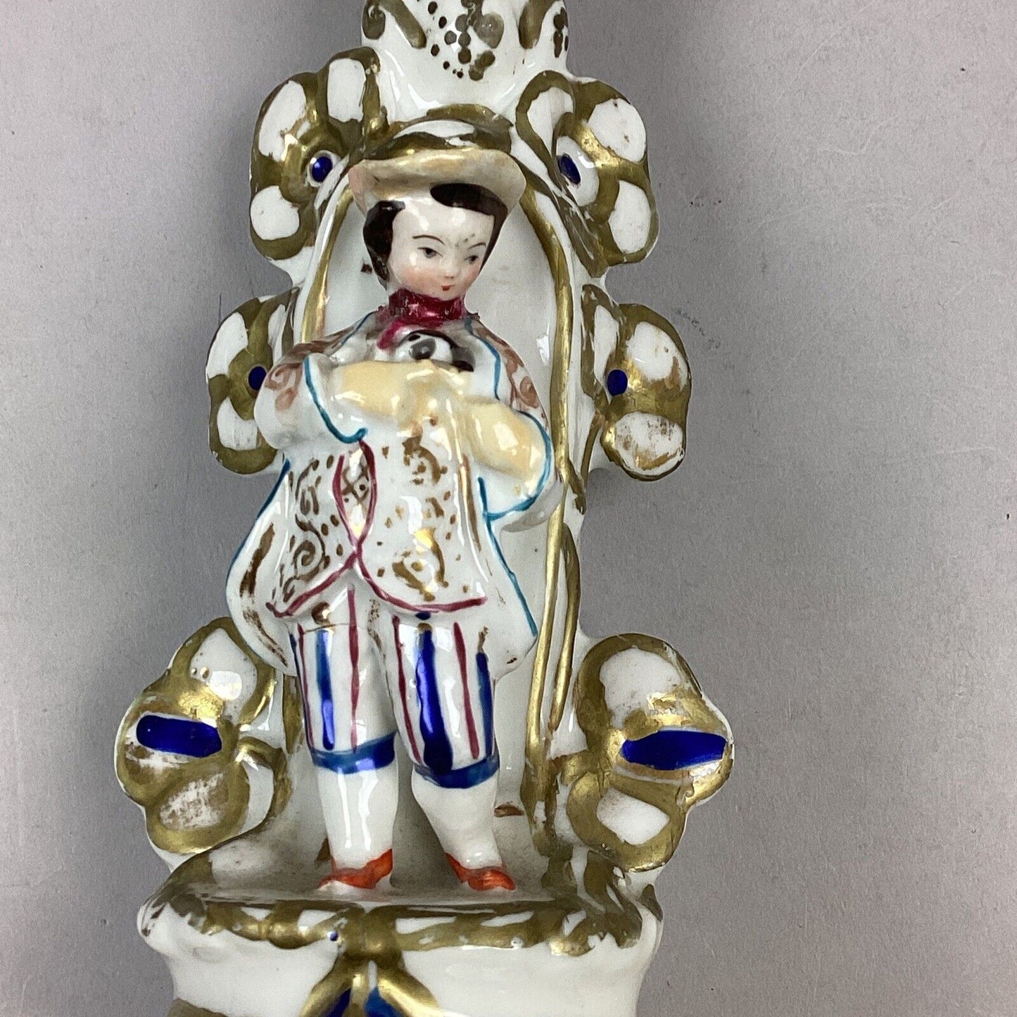 Antique Asian Chinese Porcelain Hand Painted Gold Gilt Figural Candlesticks 7.5”