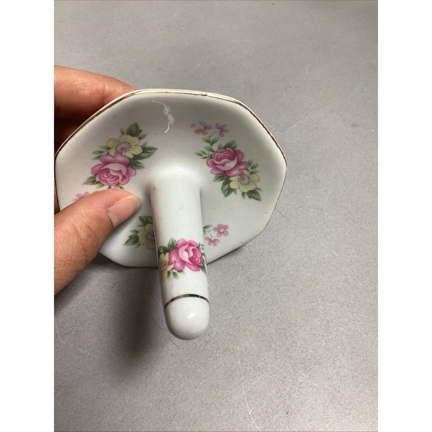 Vintage Porcelain Ring Holder Trinket Dish Pink & Yellow Flowers & Gold Trim