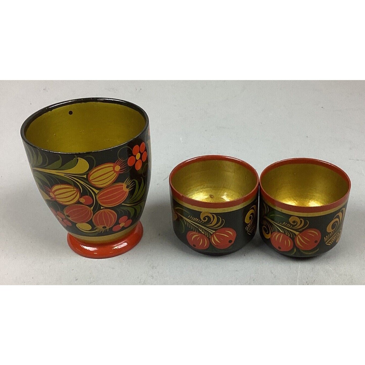 Vintage Russian USSR Folk Art Hand Painted Wooden Cups - Set of 3