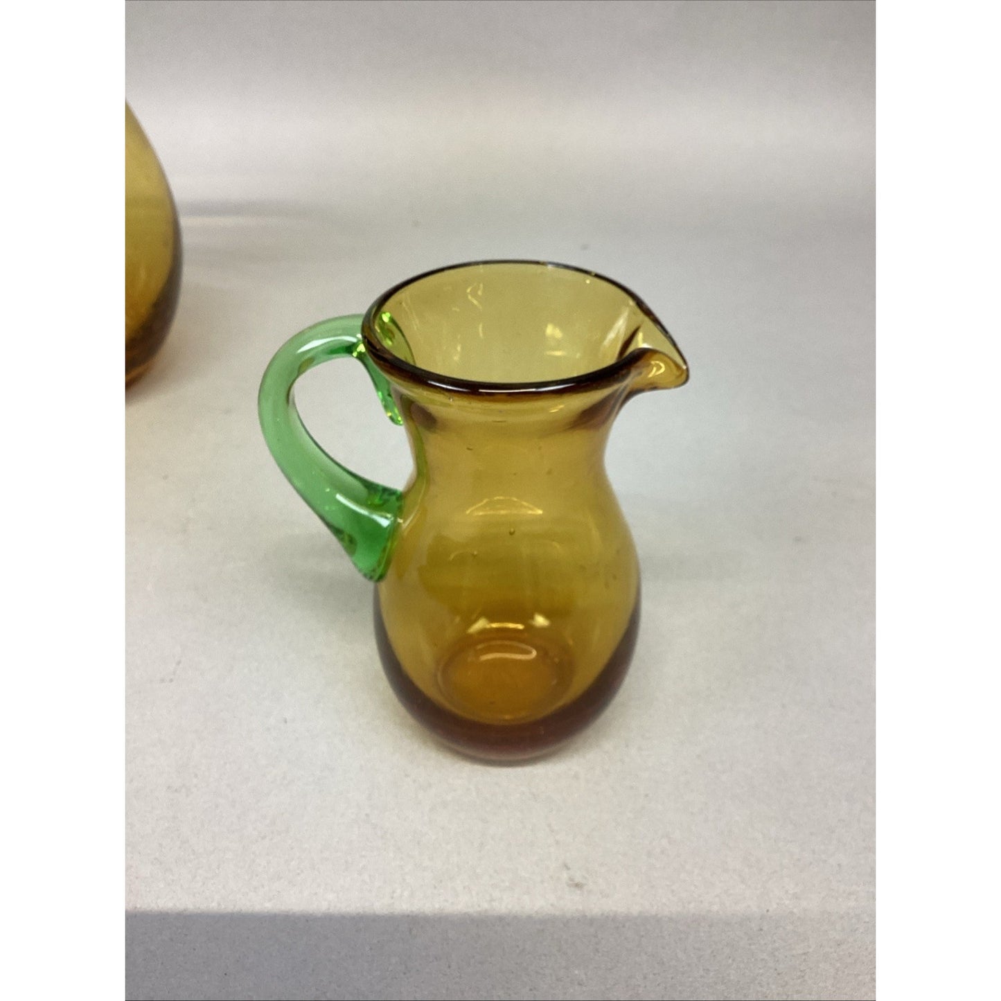Set Of 3 Art Bubble Glass Hand Blown Pitcher W/ Amber Green Attached Handle