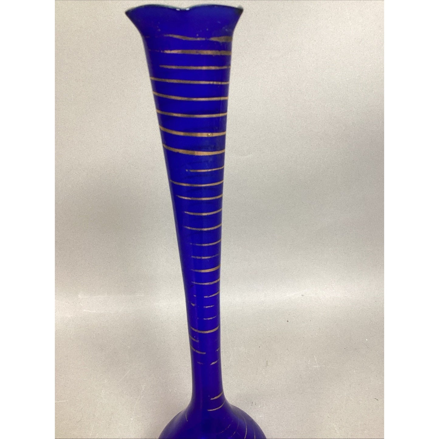 Vintage Cobalt Blue Glass Vase With Gold Stripes - 12”H