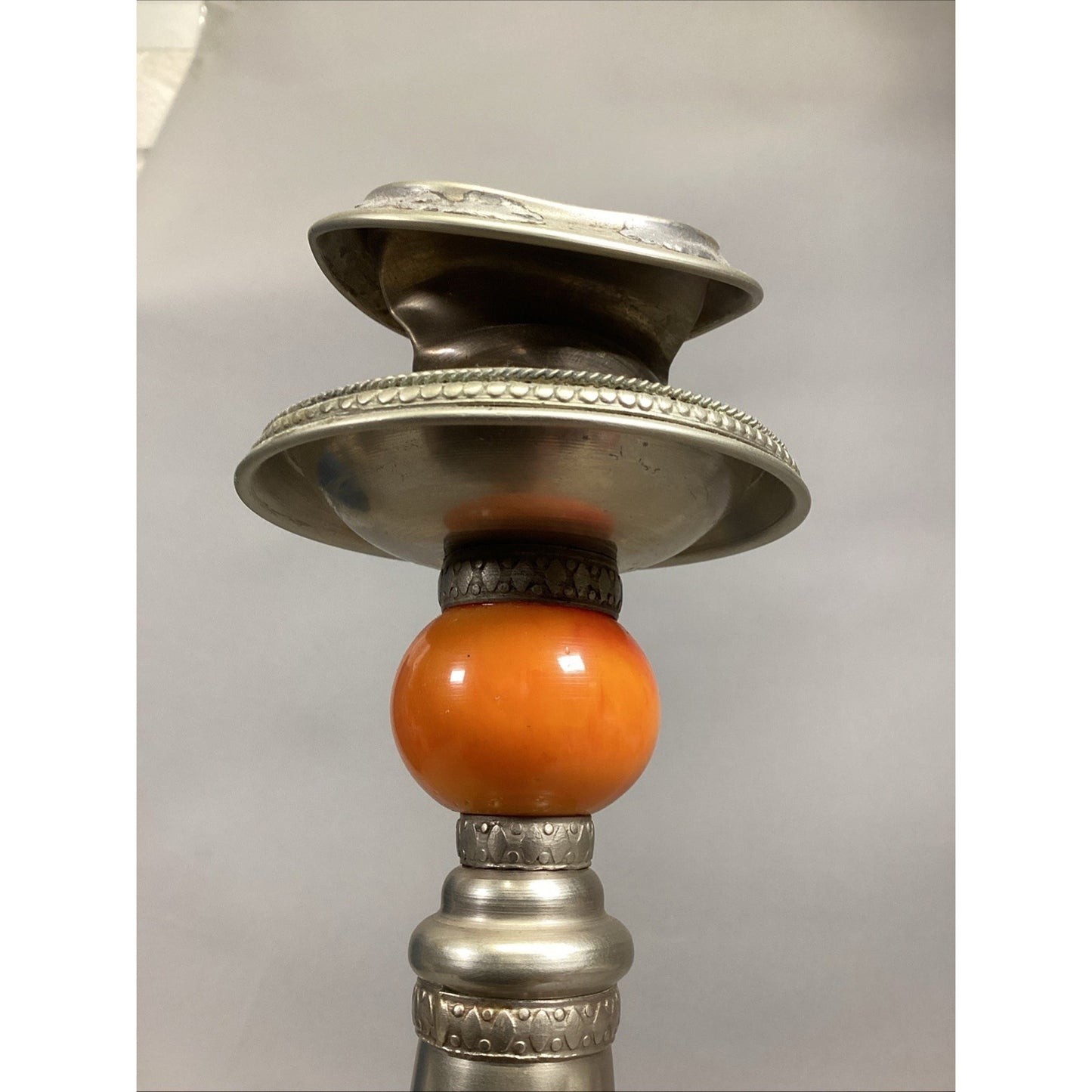 VINTAGE ORNATE Orange METAL/Bakelite CANDLESTICK CANDLE HOLDER - 13.5”H