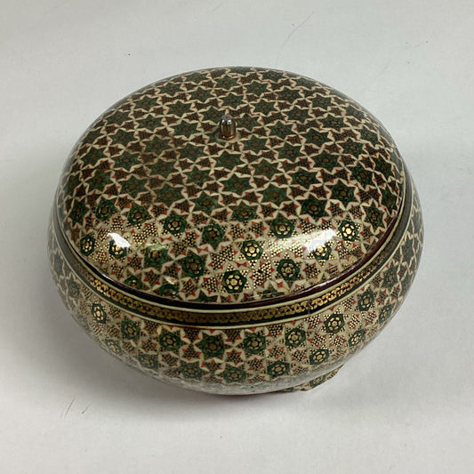 Antique Anglo Indian Micro Mosiac Inlaid Round Trinket Box