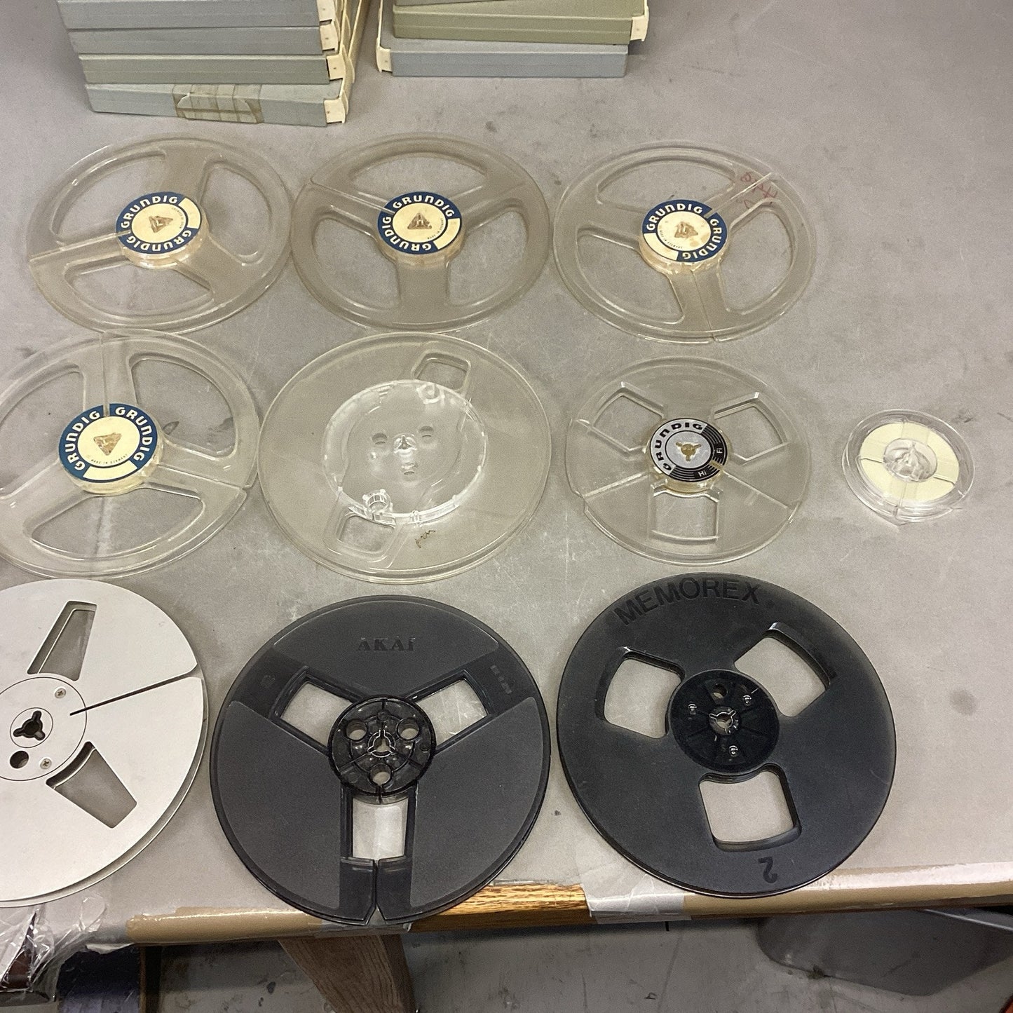 Lot Of 8 Grundig Cases W/ Tape Reels & 10 Various Empty Tape Reels
