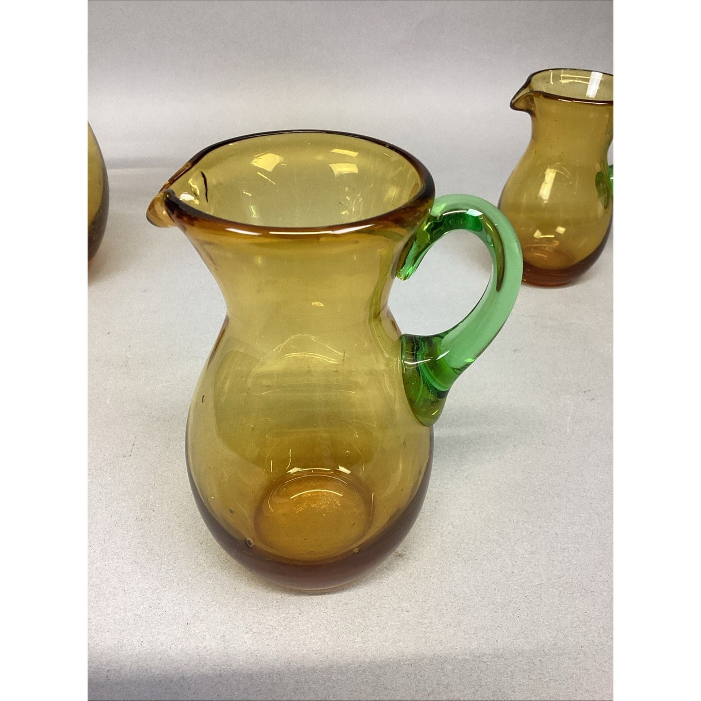 Set Of 3 Art Bubble Glass Hand Blown Pitcher W/ Amber Green Attached Handle