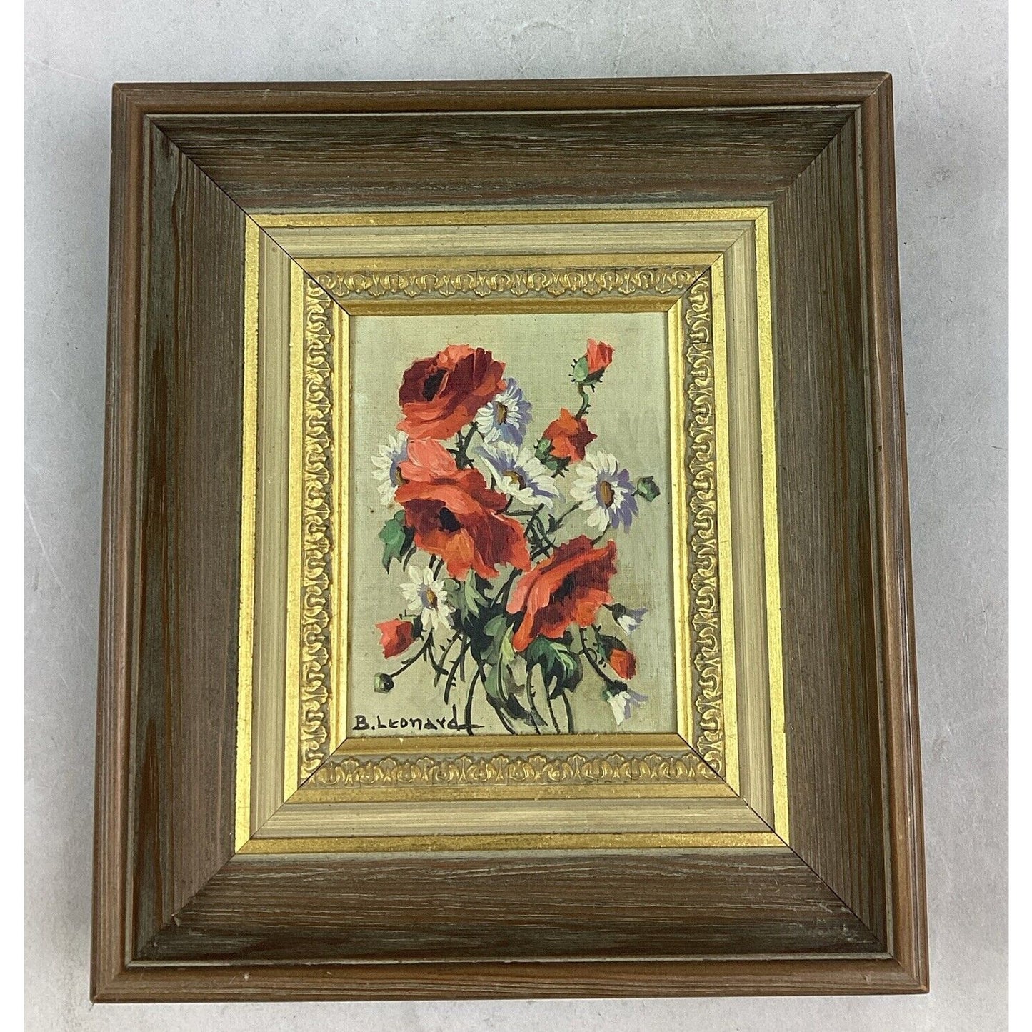 B. Leonard Floral Painting In Wooden Frame - 8 3/4x7 3/4”