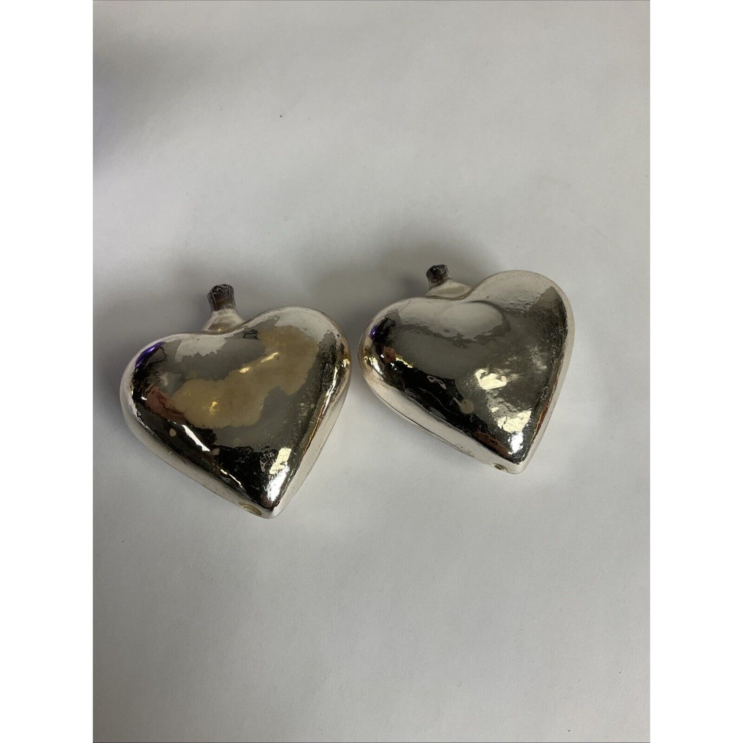 Lot Of 6 heart Shaped 2 Sided Glass Christmas Ornaments Purple Silver Red Floral