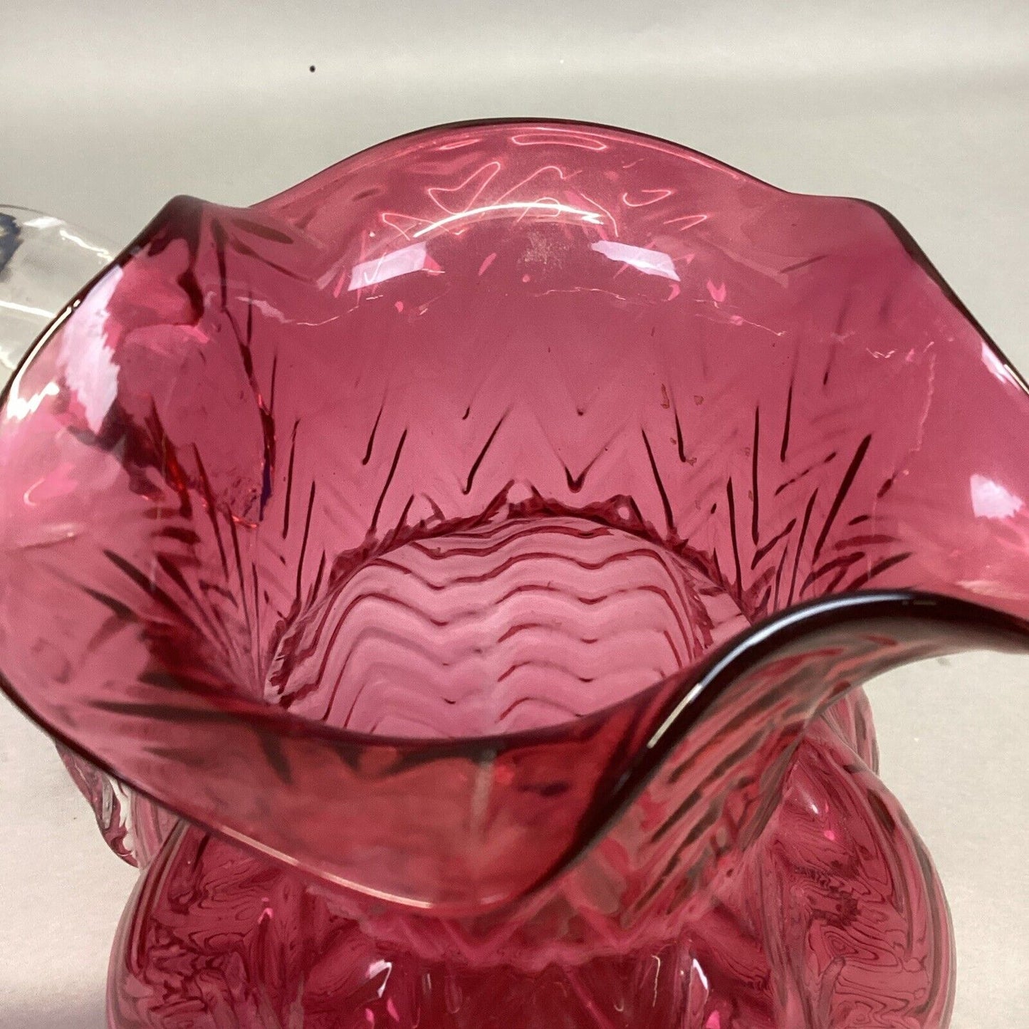 Vintage Fenton Cranberry Swirled Glass Pitcher - 8.75”H