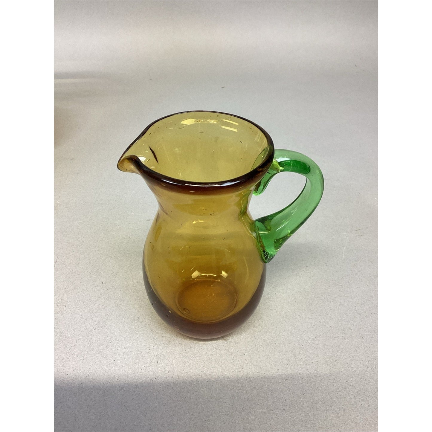 Set Of 3 Art Bubble Glass Hand Blown Pitcher W/ Amber Green Attached Handle