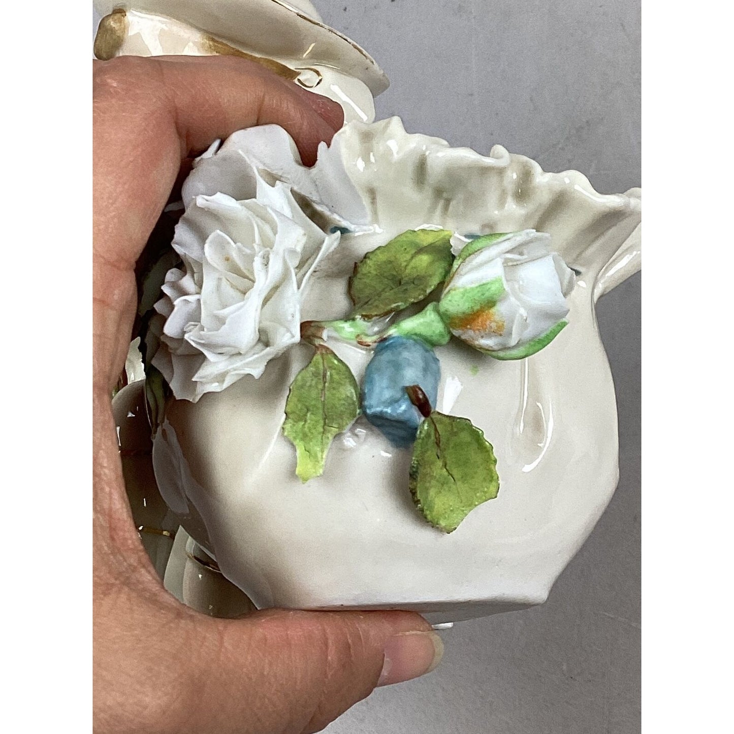 Vintage Porcelain Child Figurine With 2 Flower Vases - 6”