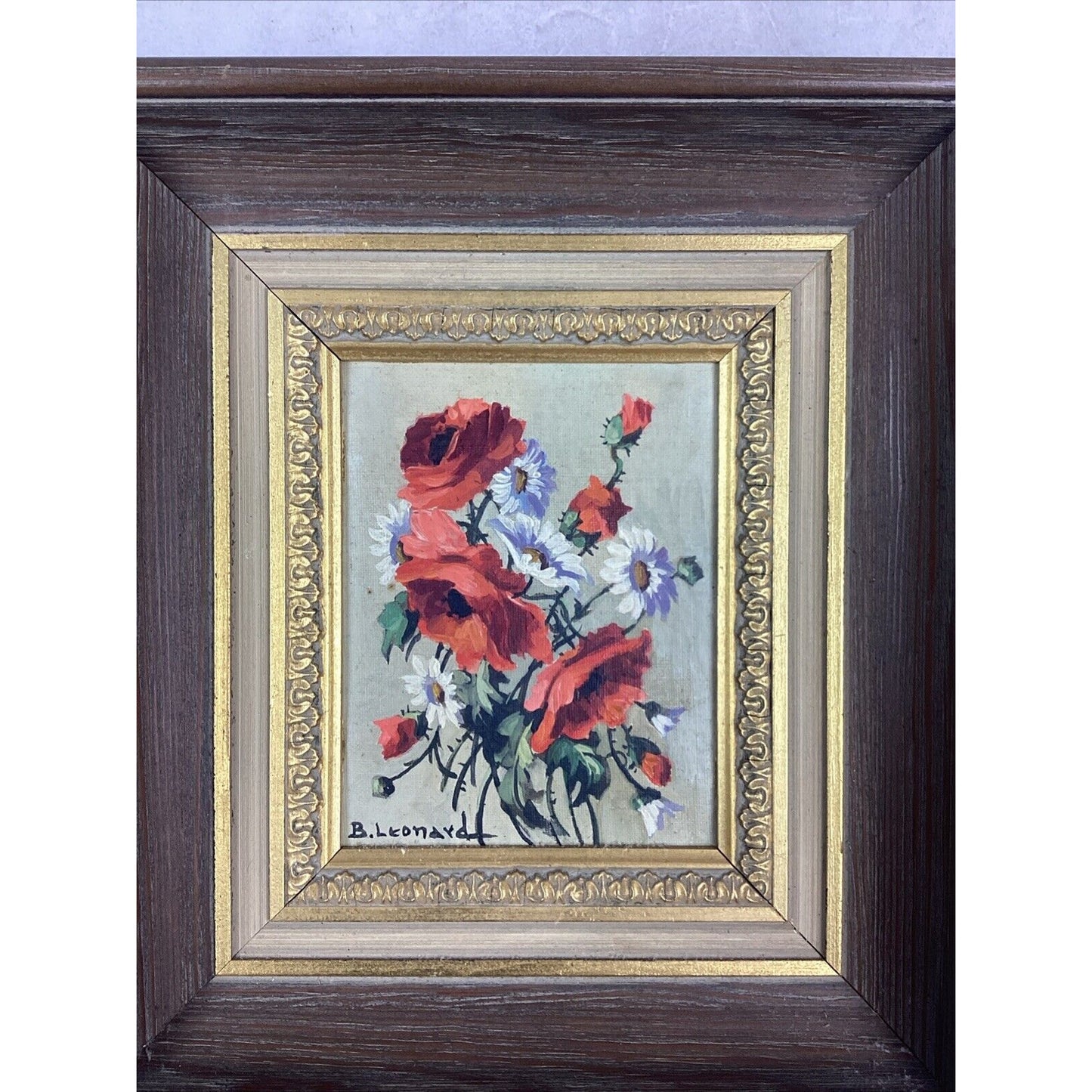 B. Leonard Floral Painting In Wooden Frame - 8 3/4x7 3/4”