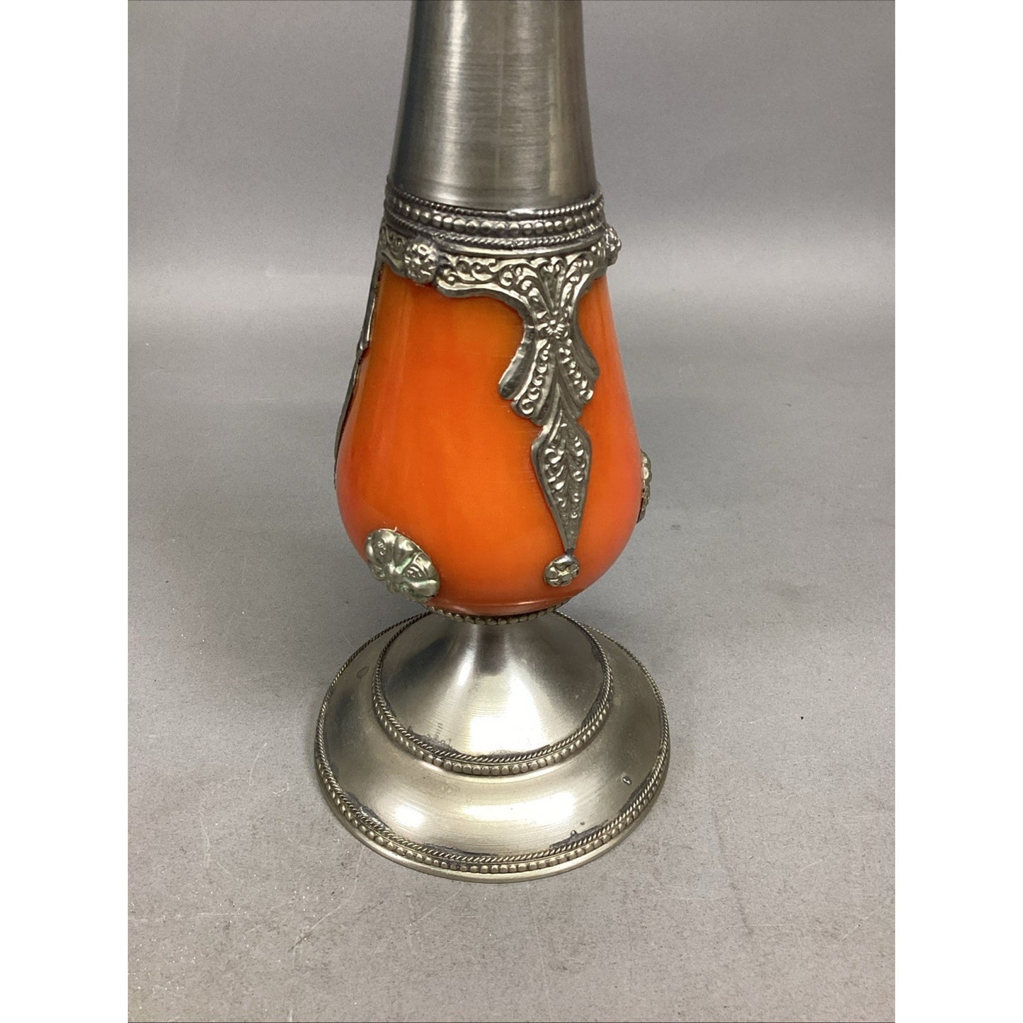 VINTAGE ORNATE Orange METAL/Bakelite CANDLESTICK CANDLE HOLDER - 13.5”H