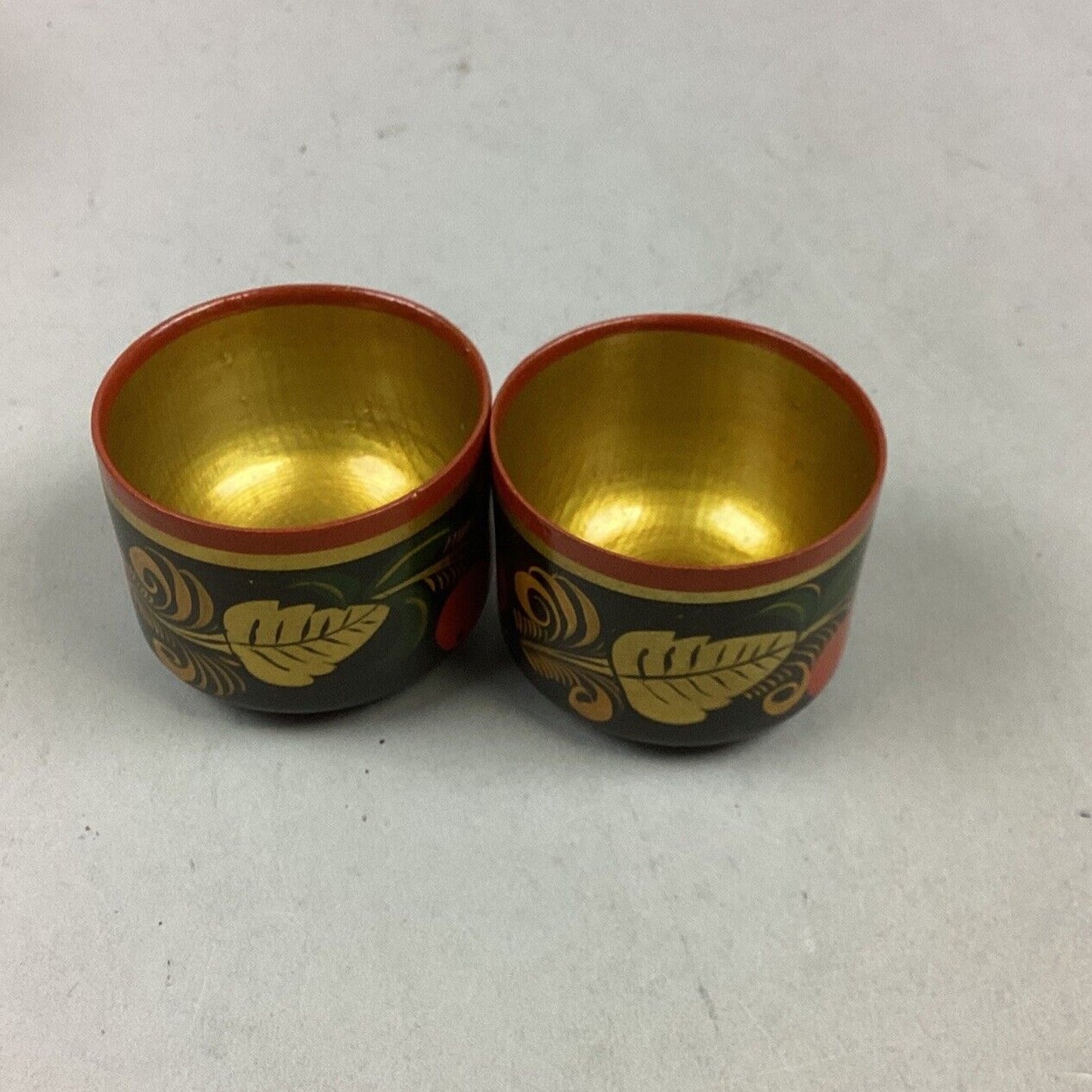 Vintage Russian USSR Folk Art Hand Painted Wooden Cups - Set of 3