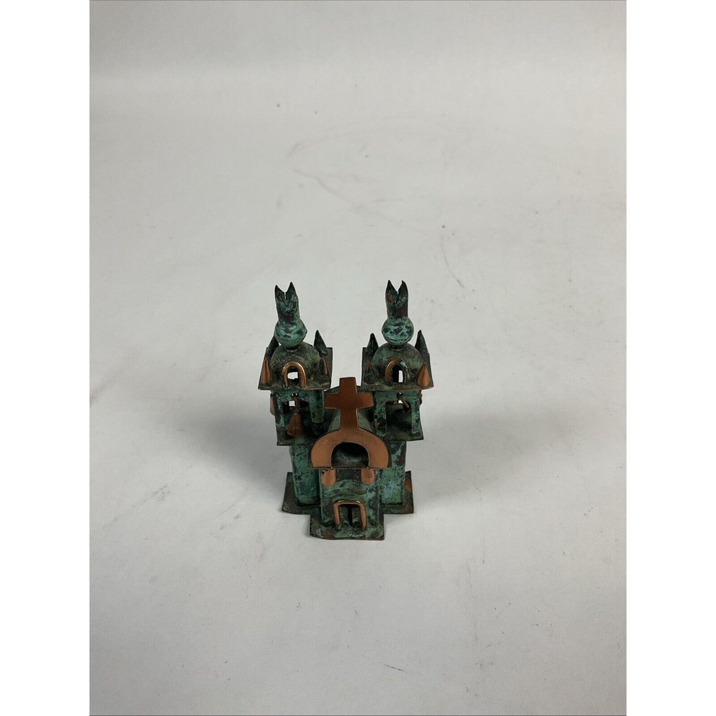 Set Of 3 Vintage Green Bronze & Copper Ayacucho Metal Church W/Bells From Peru
