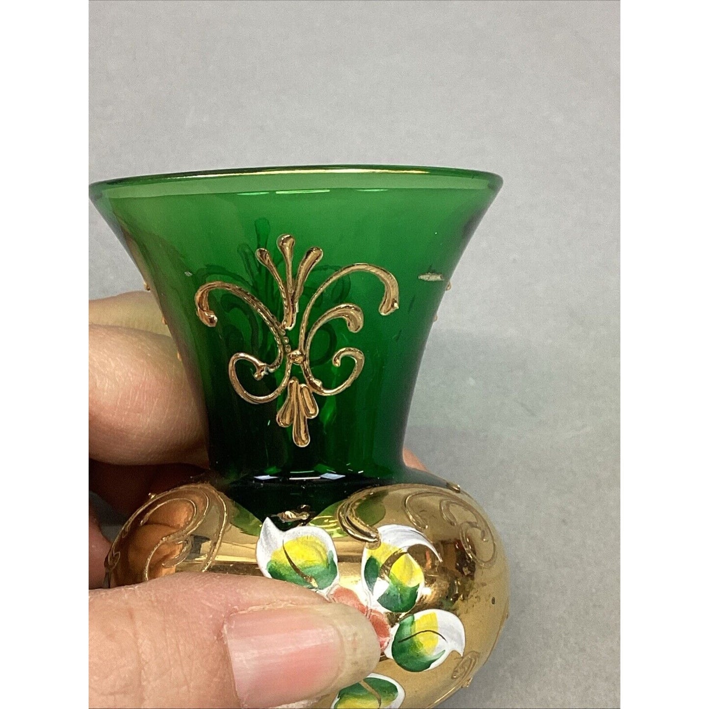 Vtg Bohemian Czech Green Glass Vase Encrusted Gilt Gold Enamel Flowers - 3.25”