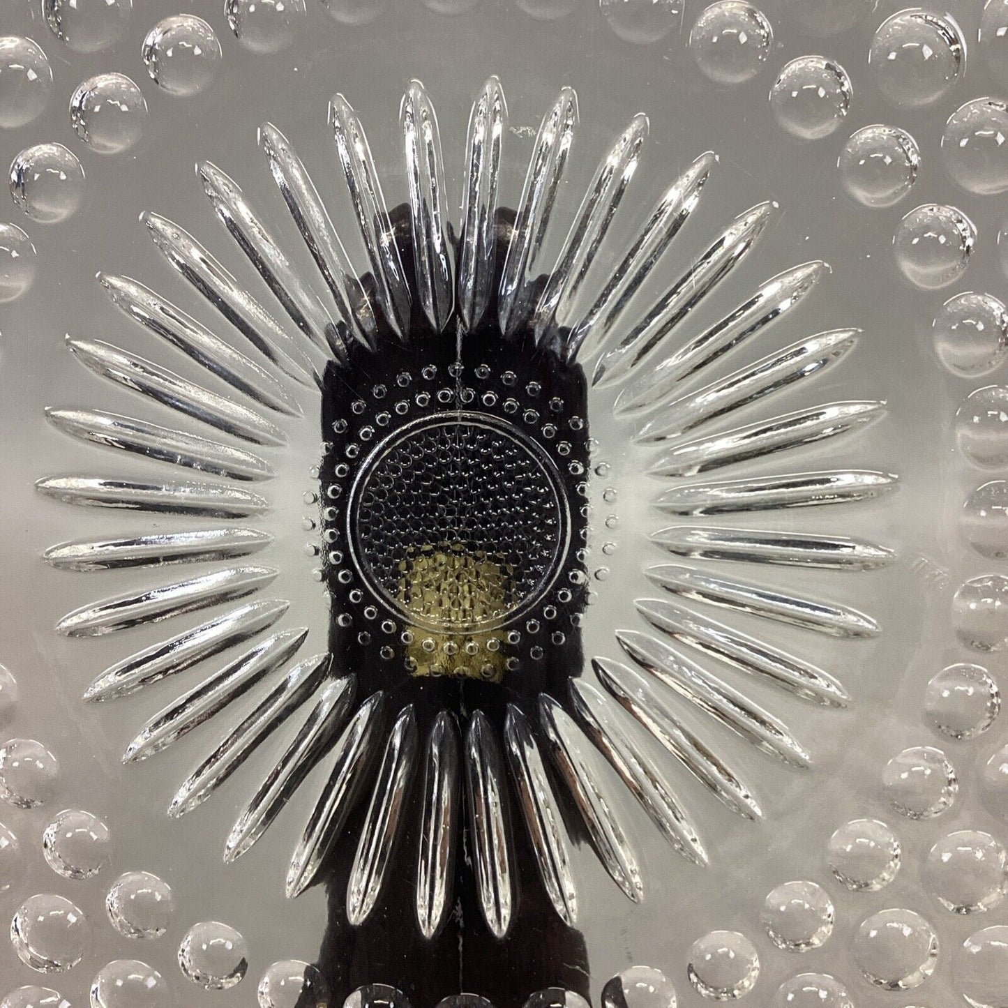 Vintage Federal Glass Cake Plate Footed Scalloped Edge Sunburst Bubble 11.25”D