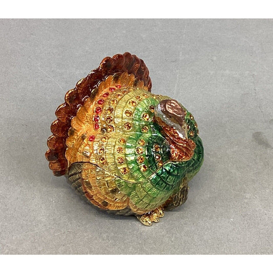 Miniature Turkey Trinket Box - Hand Painted Enamel - With Swarowski Crystals