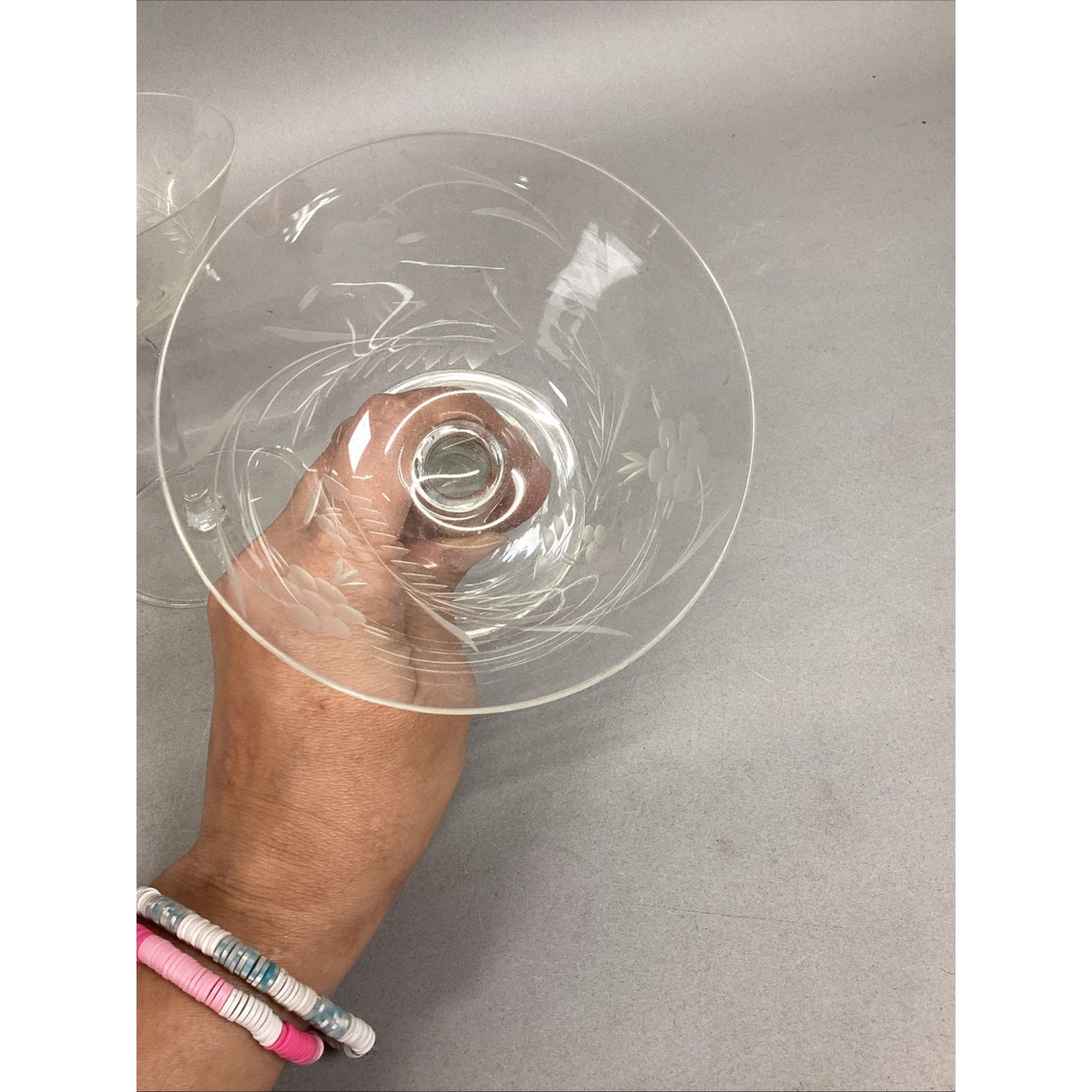 Set Of 4 Floral Etched Glass Champagne Glasses