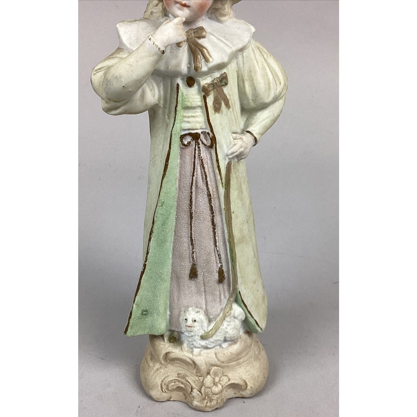 Antique Bisque Porcelain Figurine Of A Young Child And A Dog - 9”H