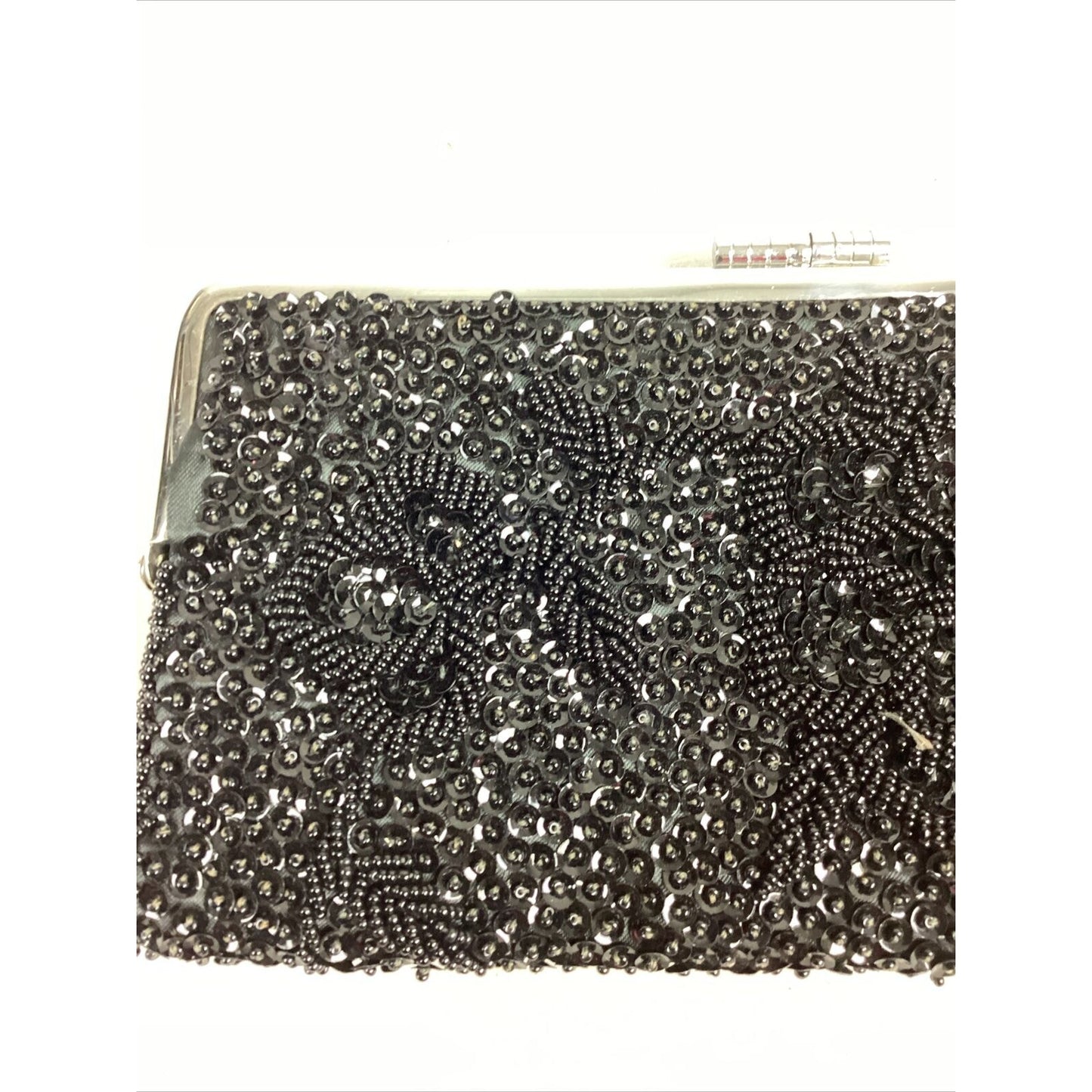 Vintage Black Beaded Fold Over Clutch Satin Beaded Side - 8”Lx4.25”H