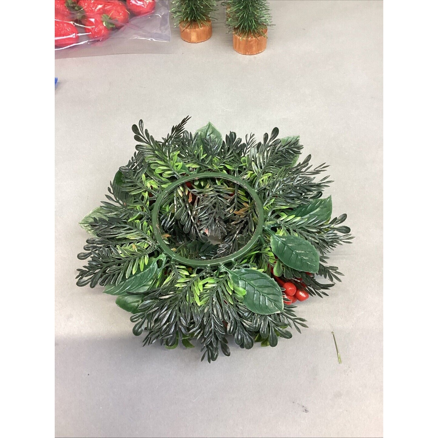 Lot Of 18 - Christmas Wreath, 5 Mini Trees, 2 Centerpieces & Strawberry Ornamen