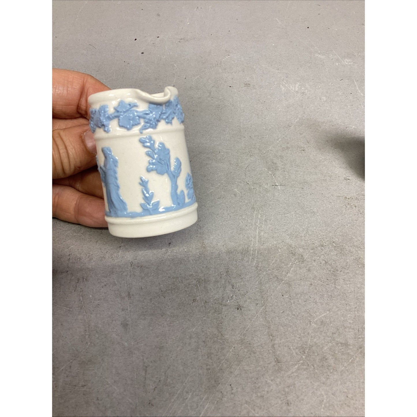 Wedgwood Embossed Queen's Ware Mini Pitcher & Limoges Cow Trinket Jug Figurine