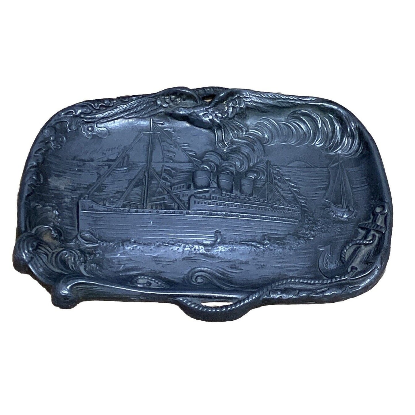 Antique Pewter Steamship Embossed Decorative Ashtray - 6x4”