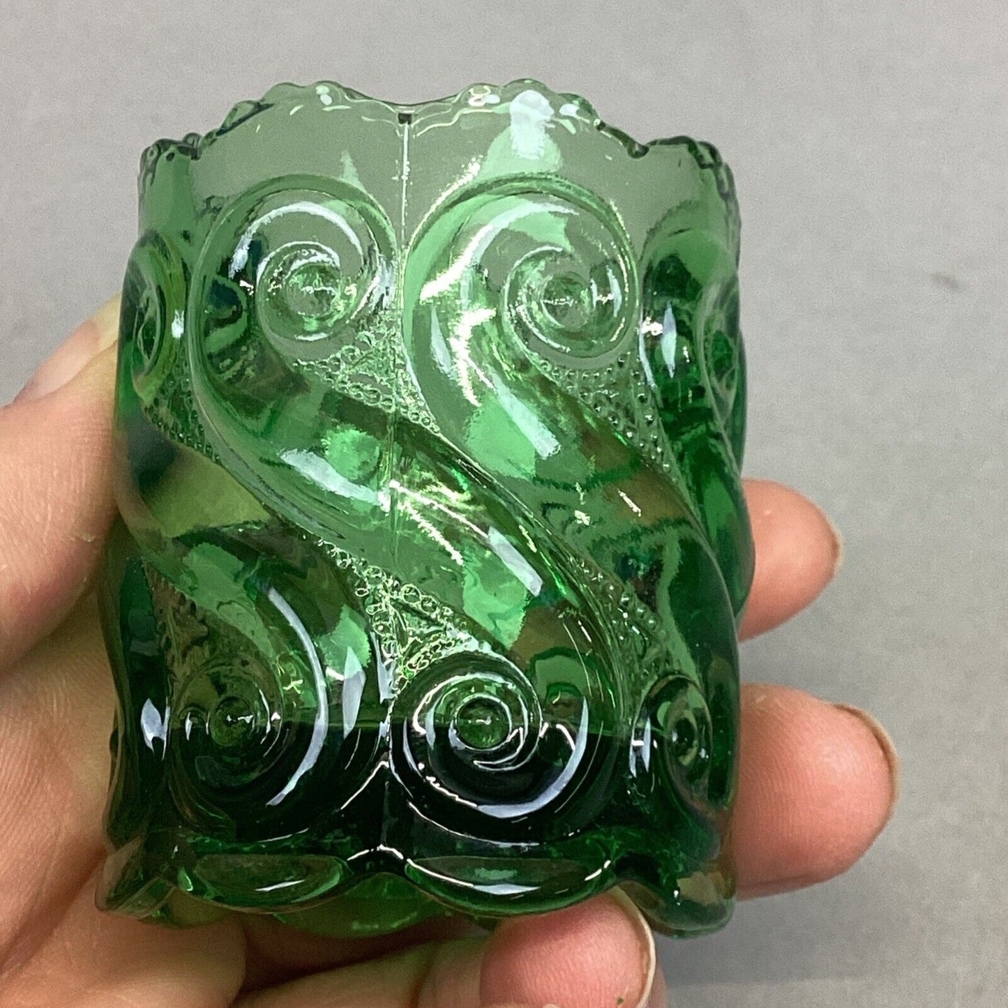 Vintage Pressed Green Glass Toothpick Holder Swirling Waves - 2.5x1.75”
