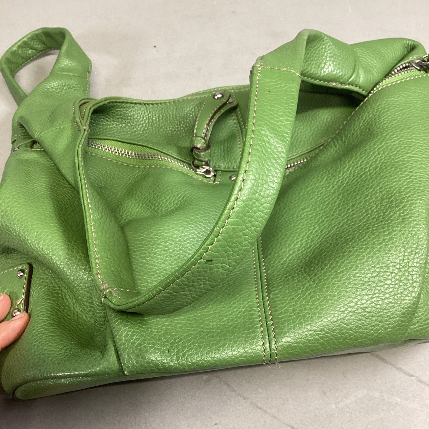 TIGNANELLO Double Handle Green Pebbled Leather Satchel Shoulder Bag Purse