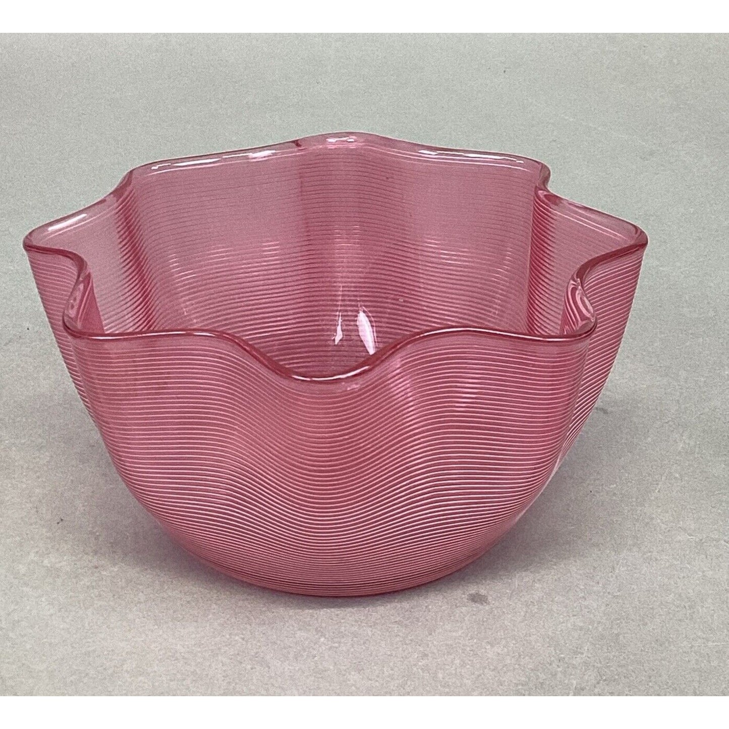 Antique Stephens & Williams Cranberry Glass Threaded Ribbed Finger Bowl - 5.5x3”