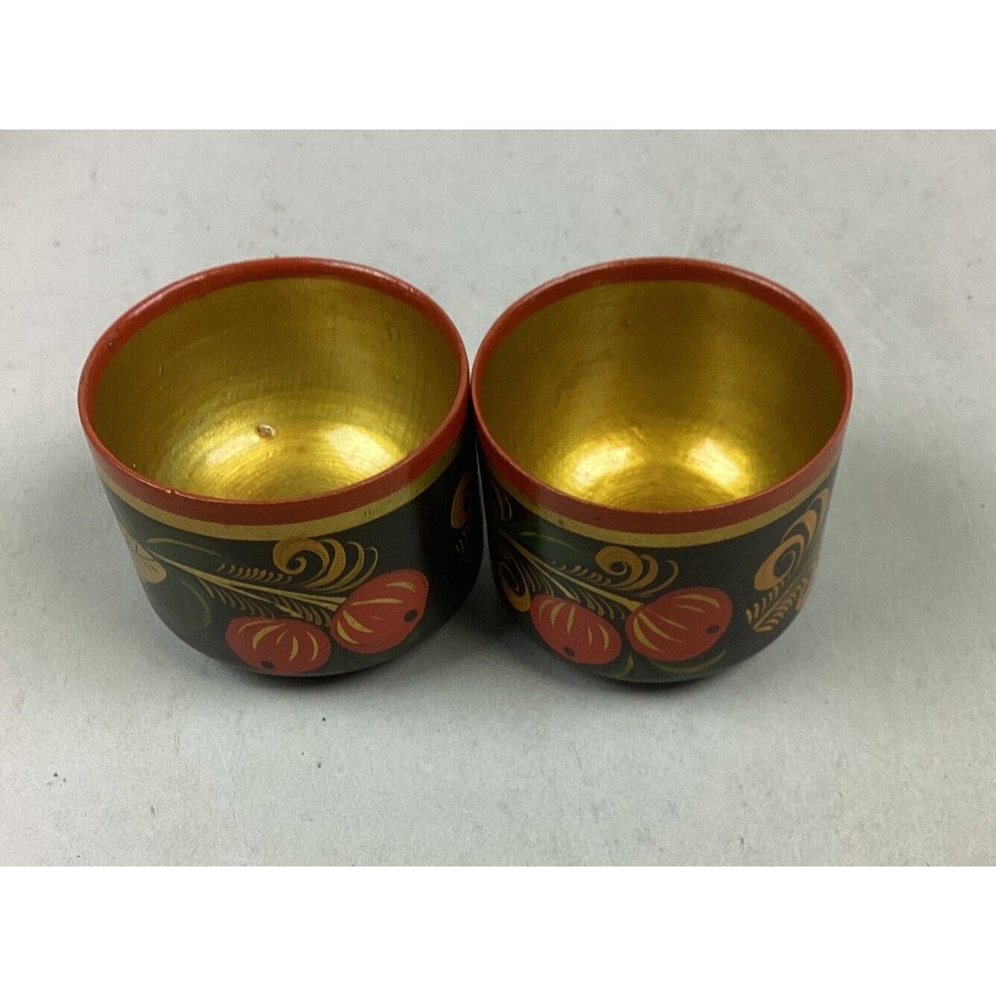 Vintage Russian USSR Folk Art Hand Painted Wooden Cups - Set of 3