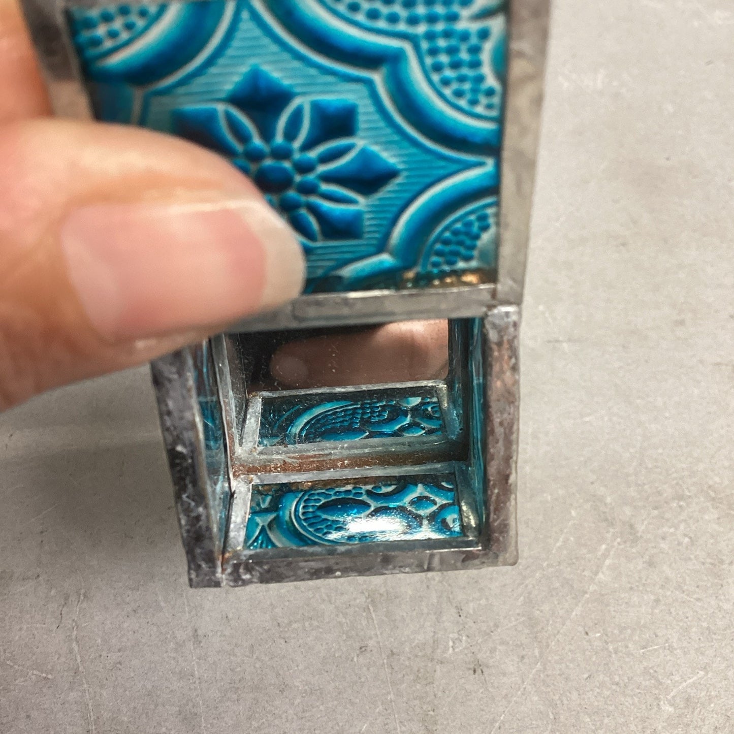 Vintage Handmade Blue Floral Stained Glass Trinket Box - 1.25”D - Indonesia