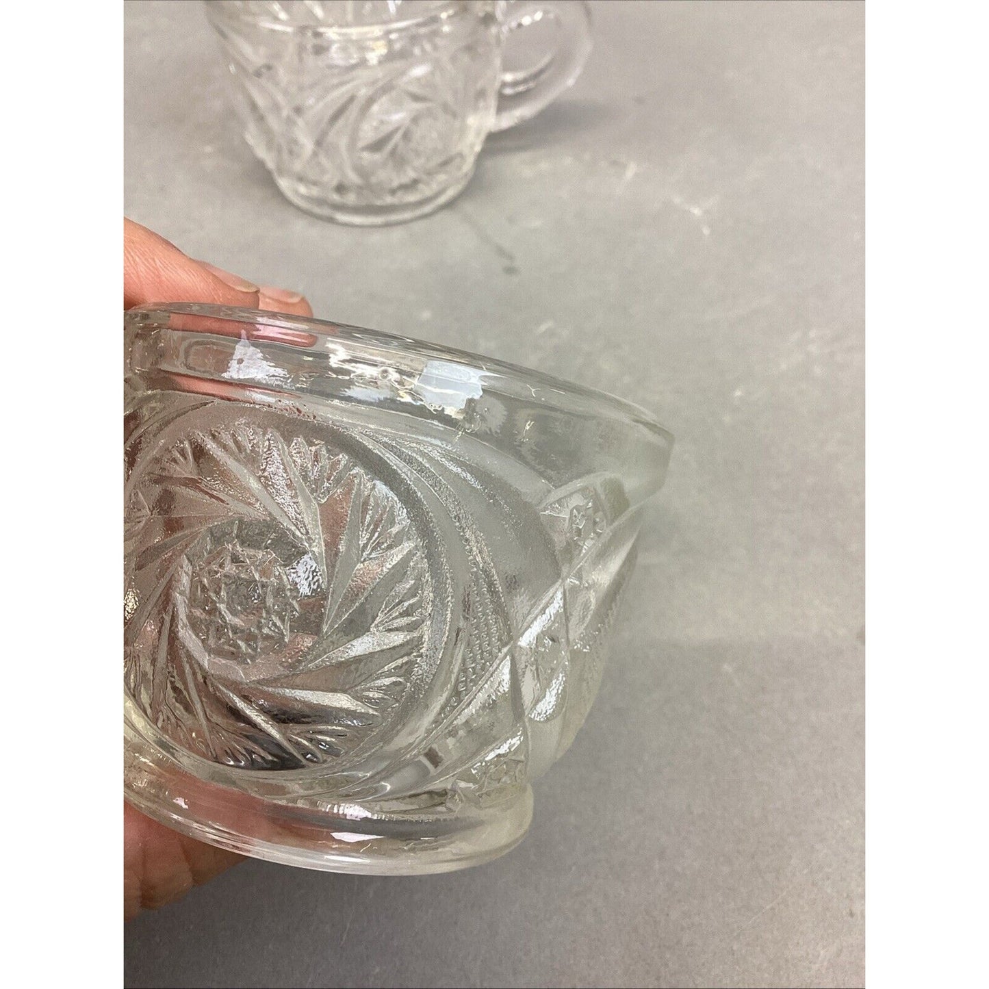 L.E. Smith Aztec Carved Crystal Glass Punch Bowl Cups - Set Of 7