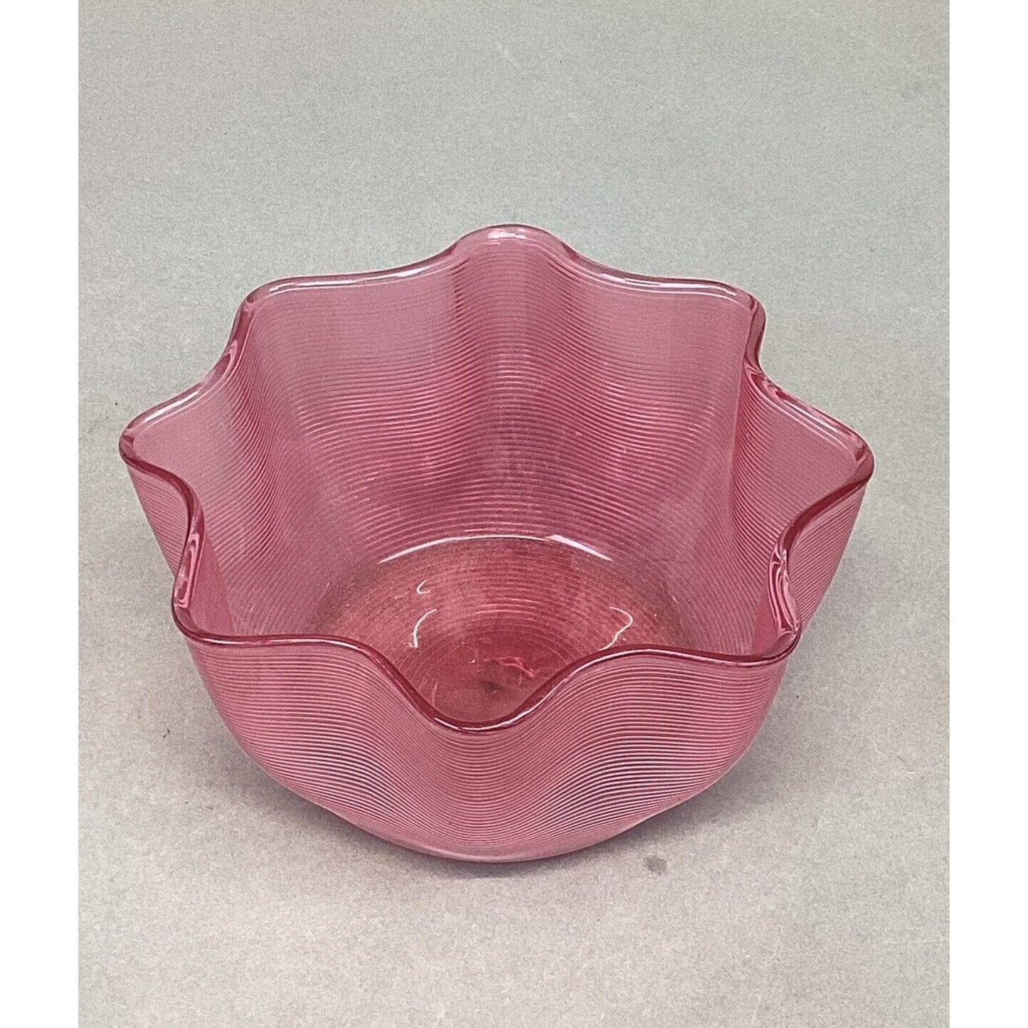 Antique Stephens & Williams Cranberry Glass Threaded Ribbed Finger Bowl - 5.5x3”