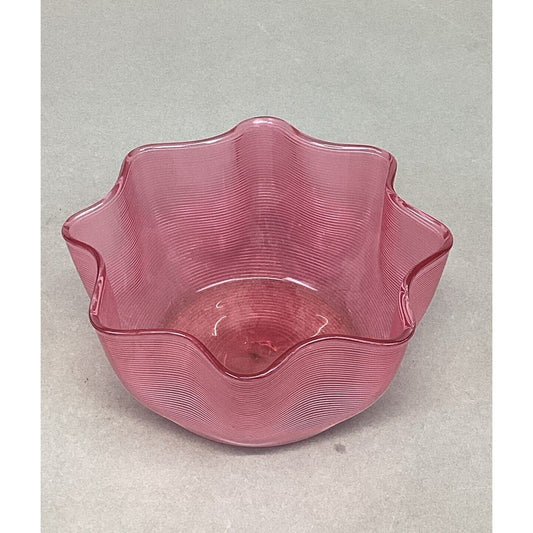Antique Stephens & Williams Cranberry Glass Threaded Ribbed Finger Bowl - 5.5x3”