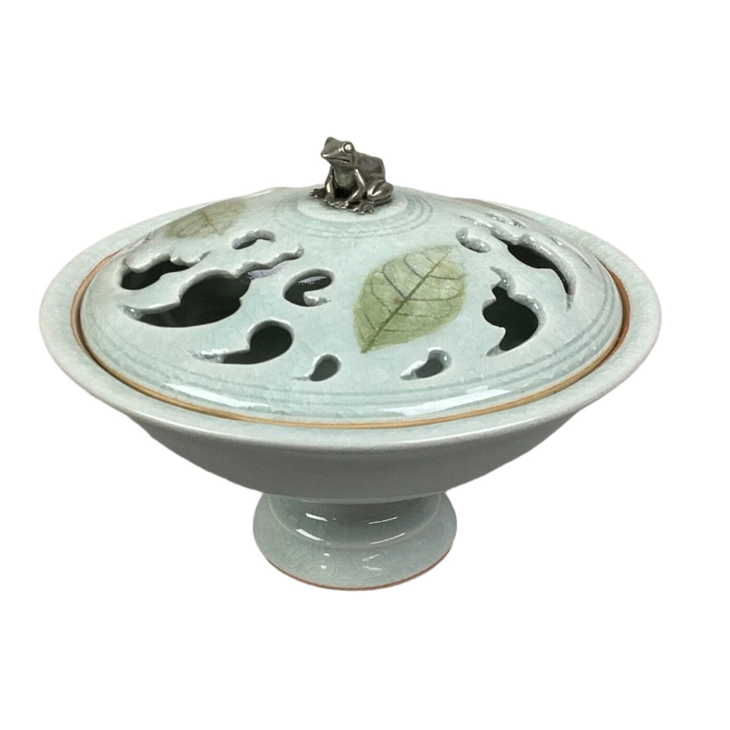 Vintage Blue Pedestal Bowl With Lid W/ Silver Frog - 7 3/4”