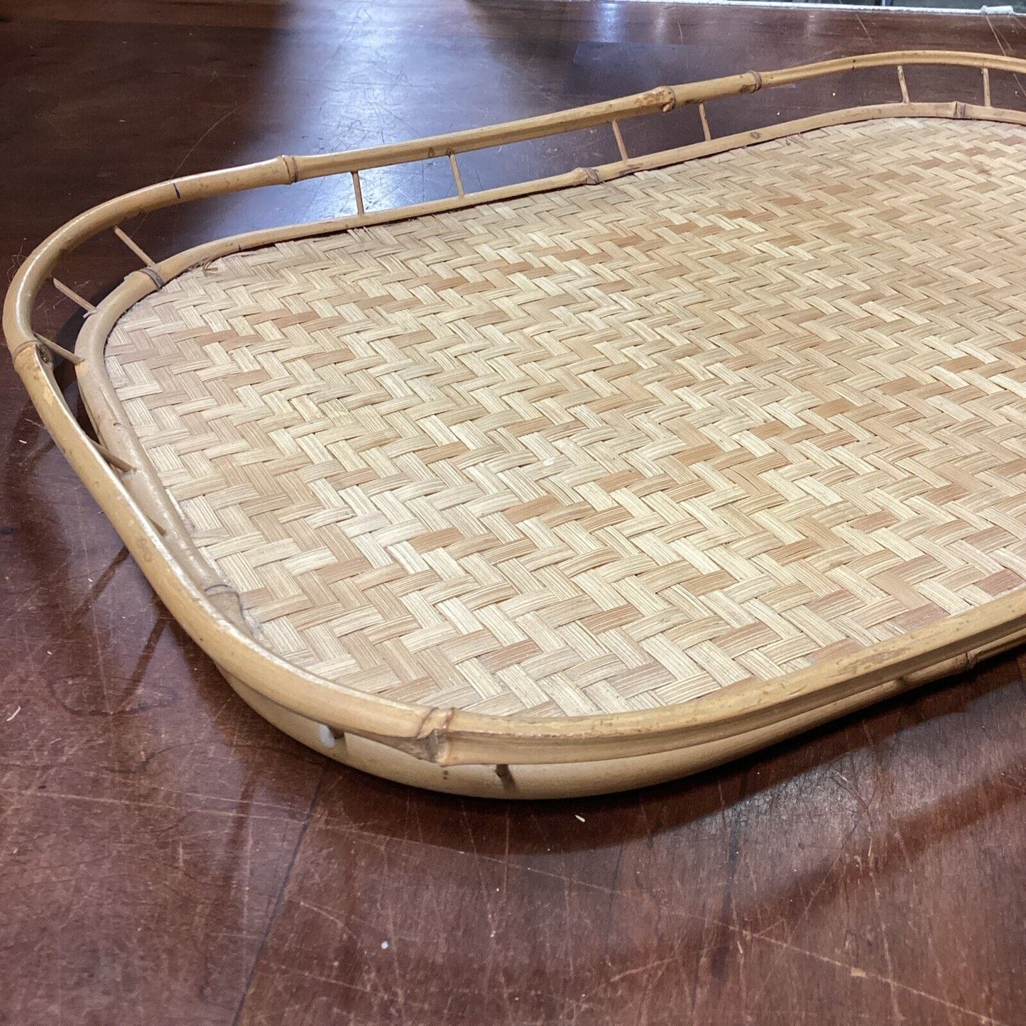 Vintage Woven Bamboo Rattan Wicker Serving Lap Trays Tiki Bar