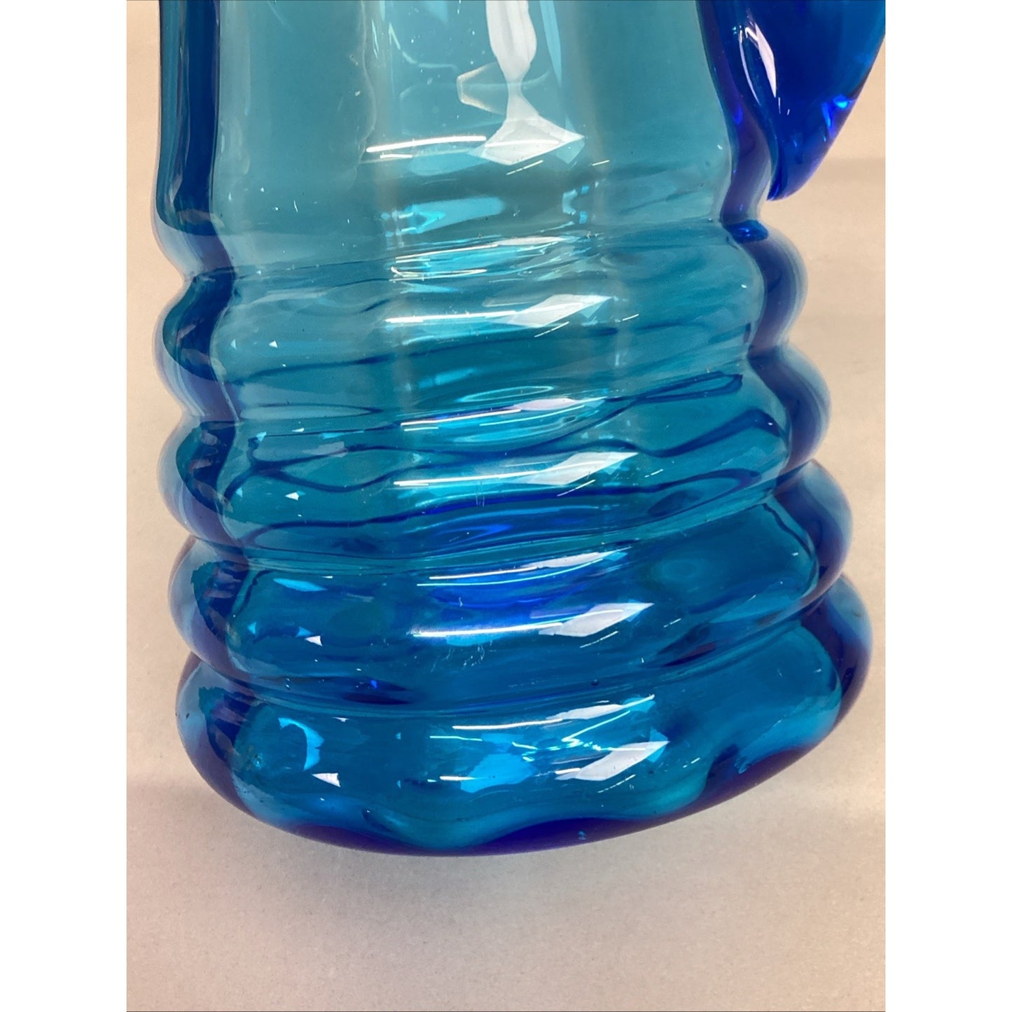 Vintage Art Glass Blue Water Jug Pitcher W/ Handle - 10.5”H