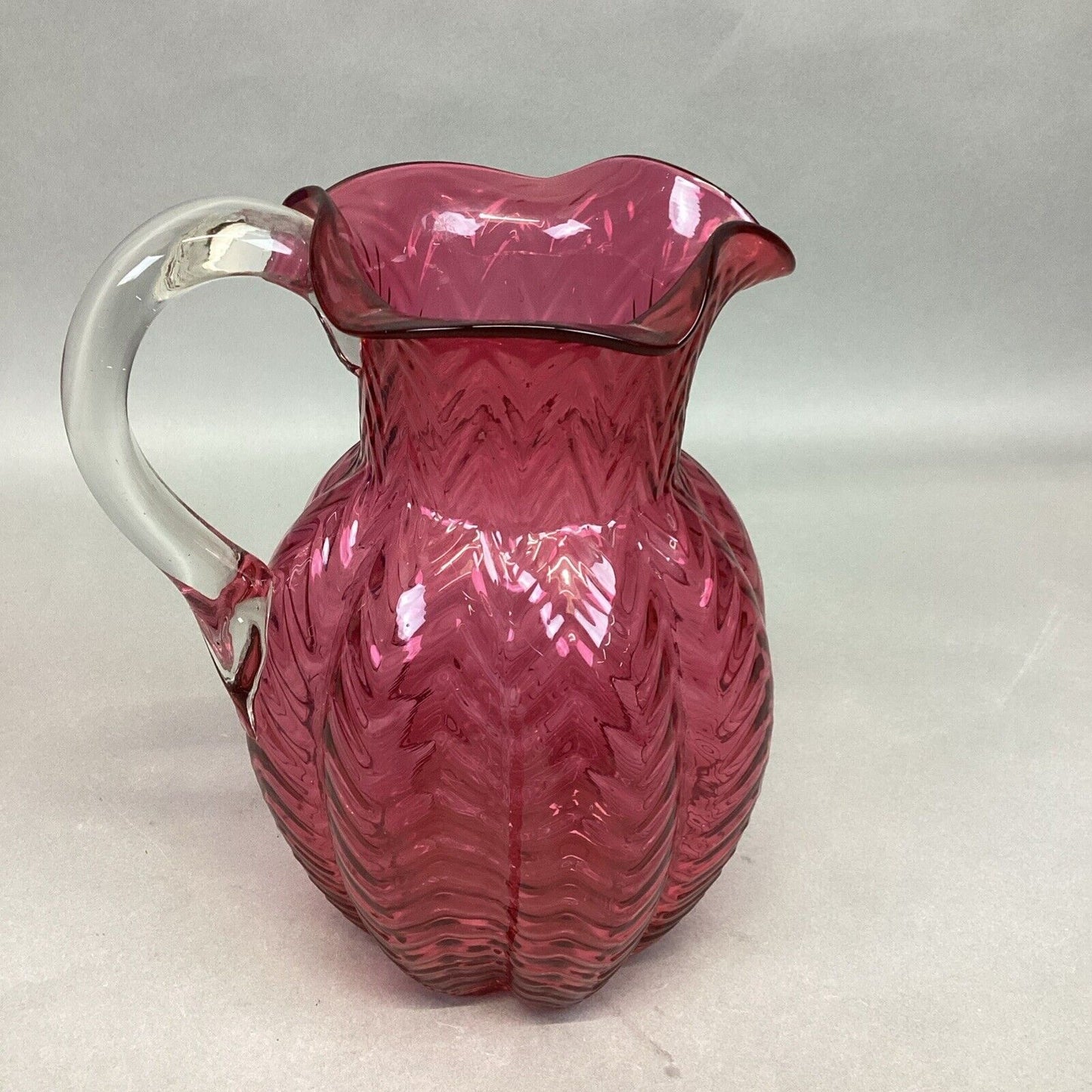 Vintage Fenton Cranberry Swirled Glass Pitcher - 8.75”H