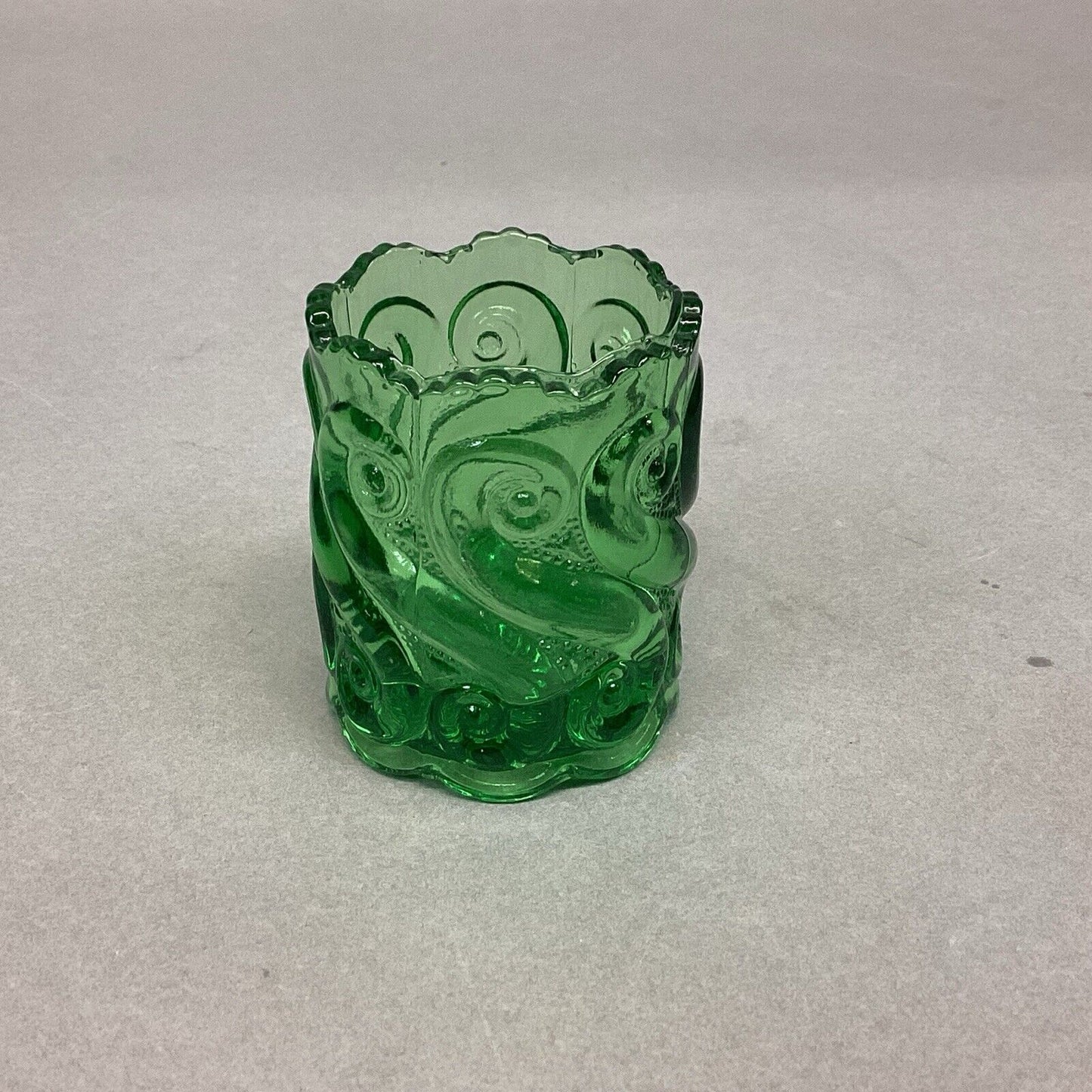 Vintage Pressed Green Glass Toothpick Holder Swirling Waves - 2.5x1.75”