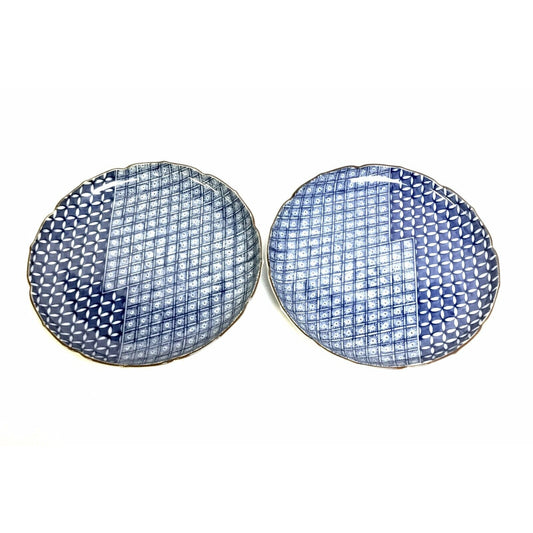 Vintage Kozan Gama Kiln Blue White Brown Rim Porcelain Plate Bowls