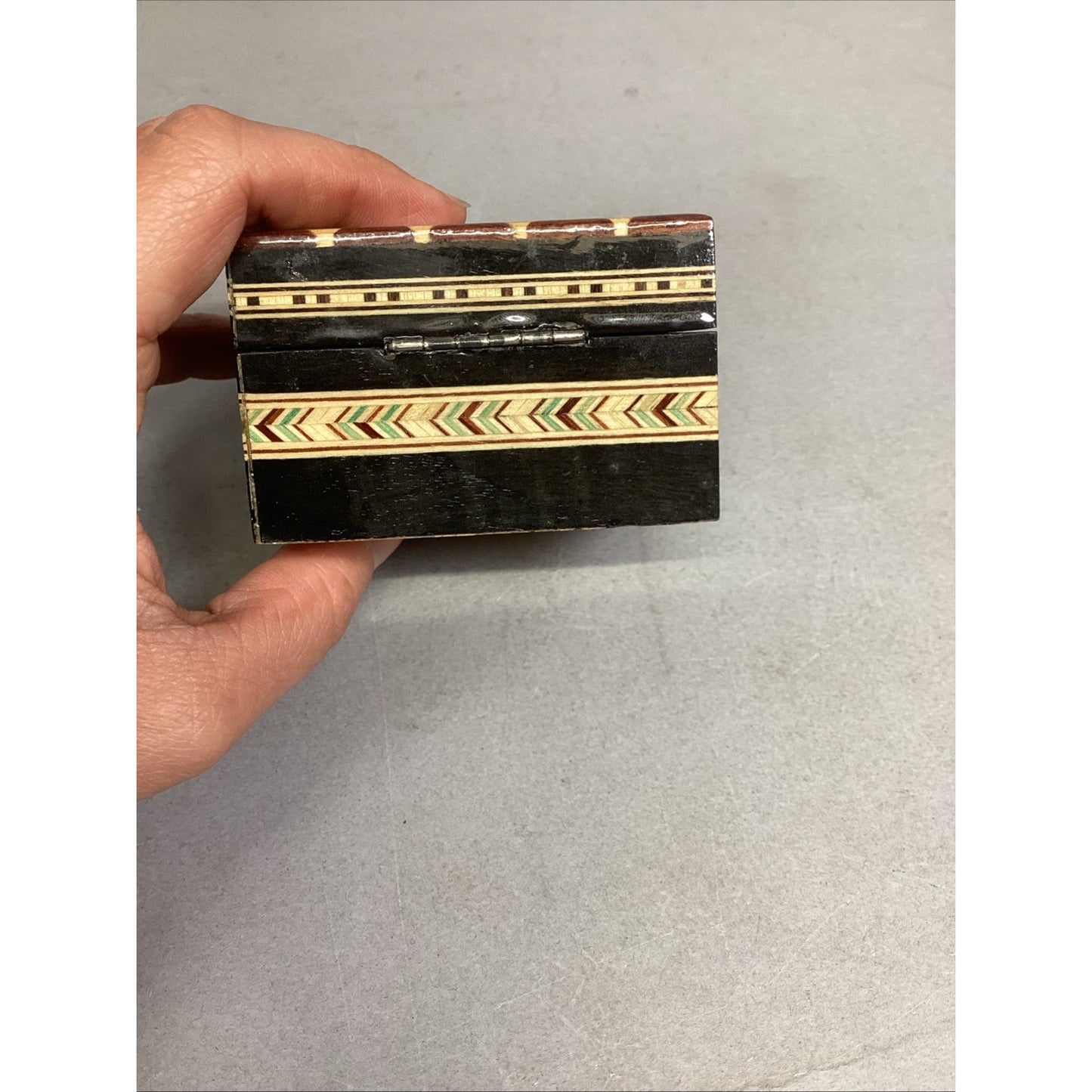 Vintage Lacquered Wood Box Trinket Mosaic Jewelry Stash 2 7/8x2.5x1.75”