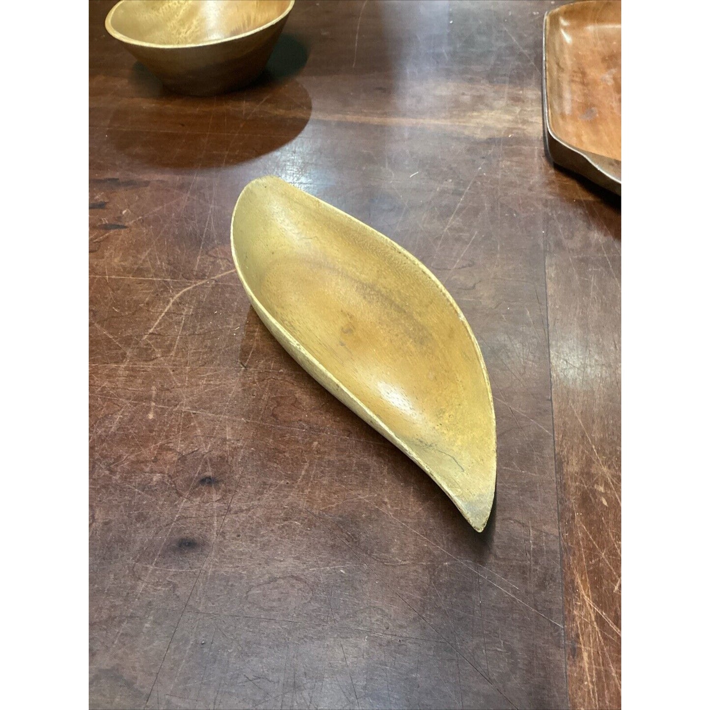 Set Of 3 Vintage Teak Wooden Bowl, Pea Pod Bowl & Serving Tray