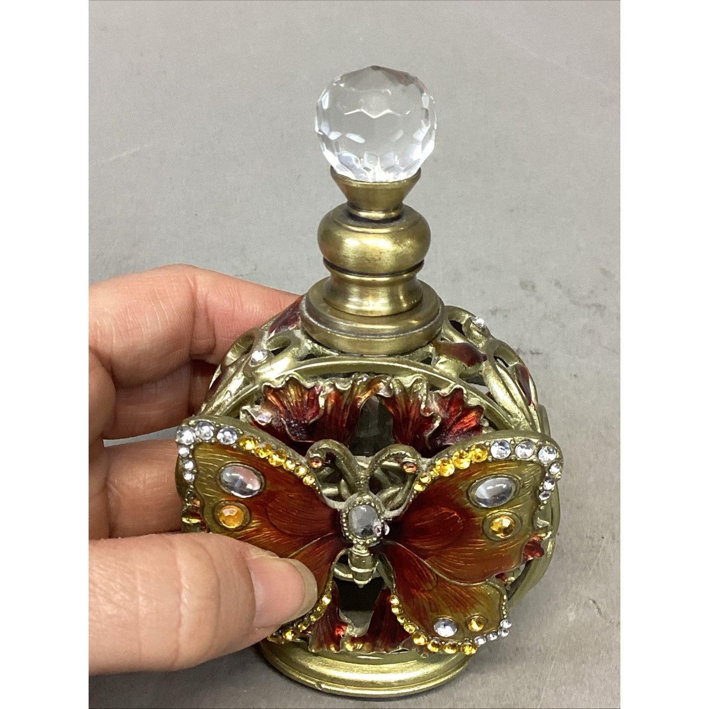 Becky Horton Antique Perfume Bottle With Butterfly & Rhinestones - Empty